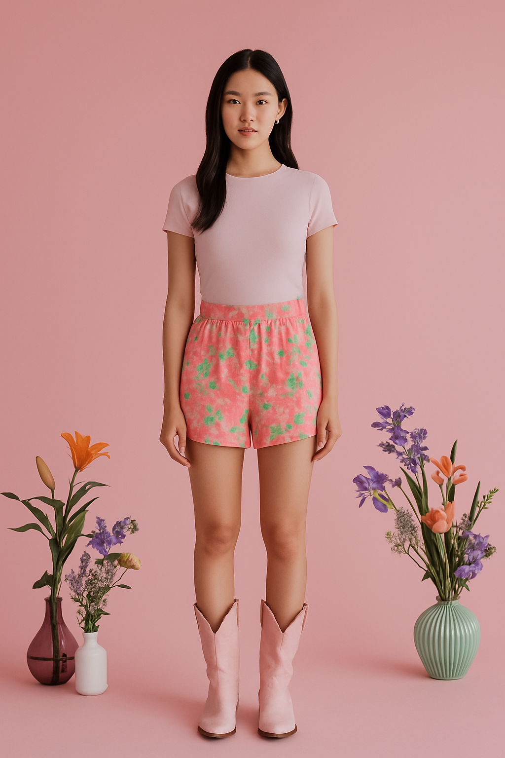 Pink floral tie-waist shorts with a feminine, whimsical style on a model with a pink top and backdrop.