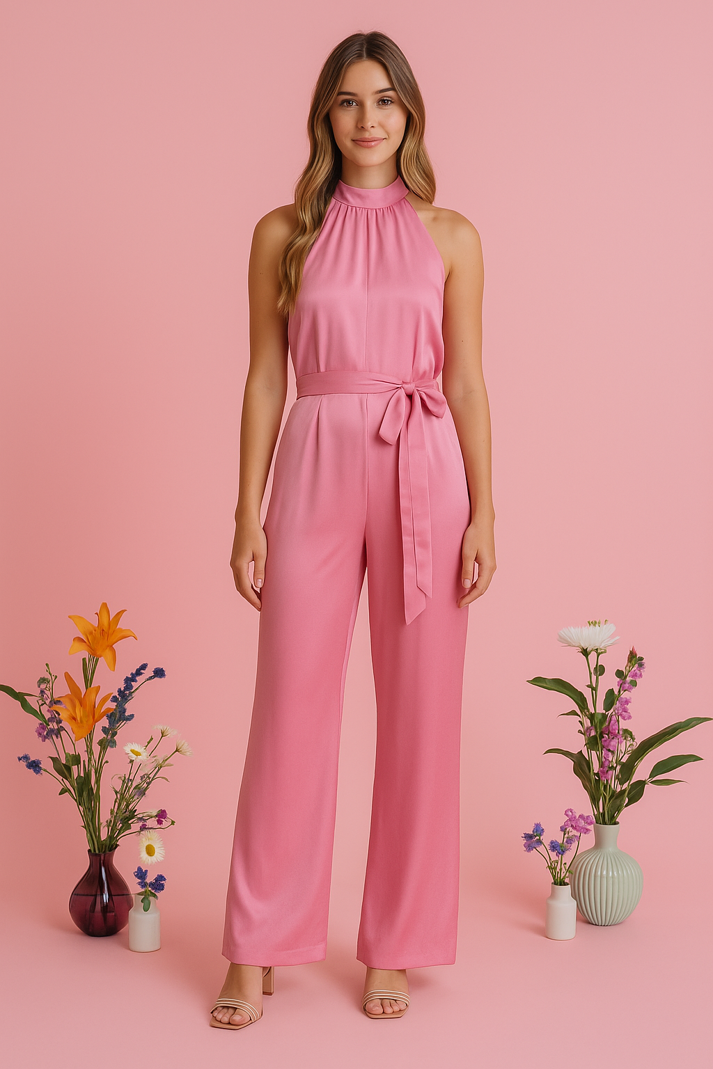 Pink Silky Halter Jumpsuit with Belt and Wide Legs