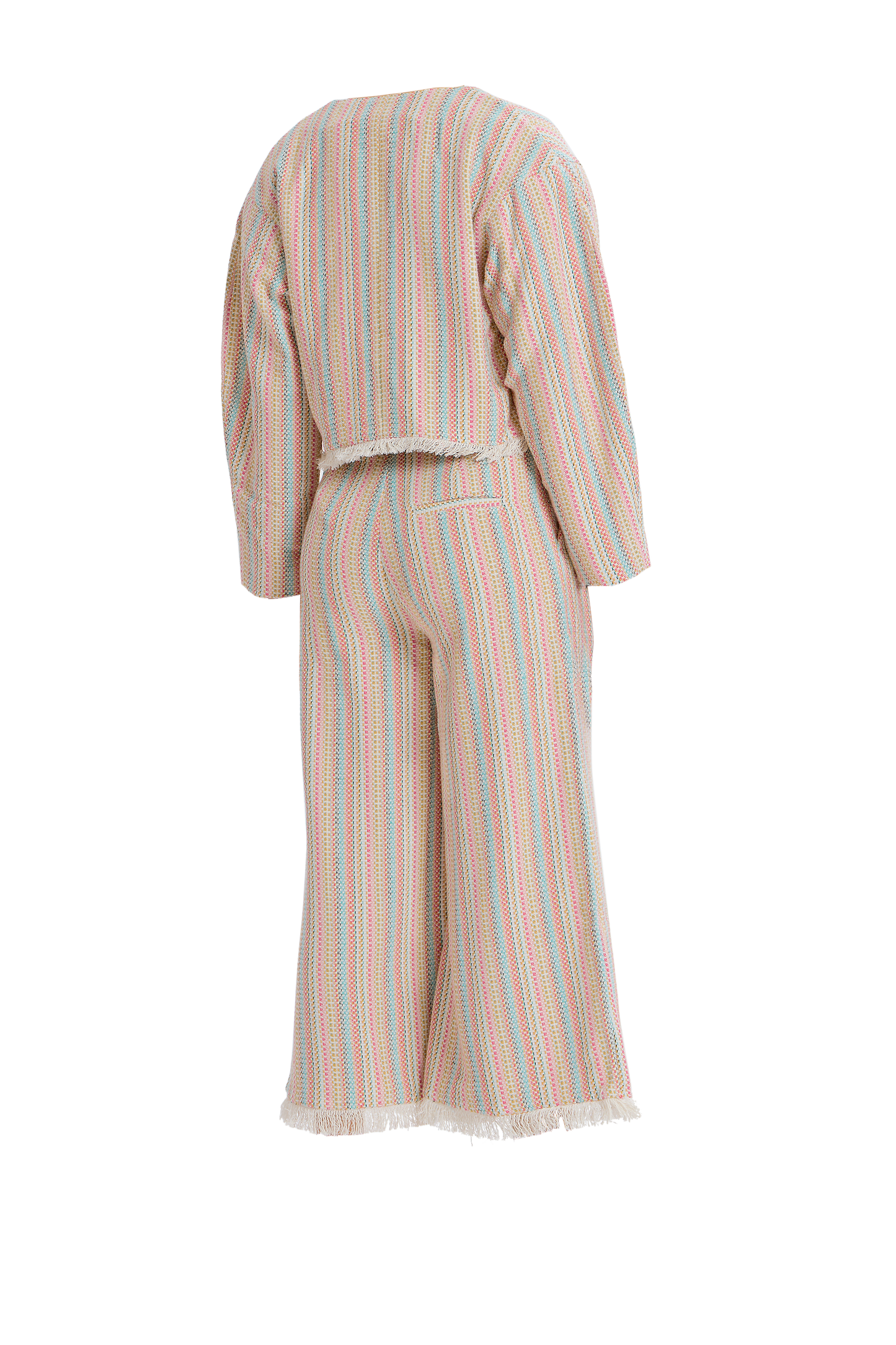 Multicolor cropped tweed blazer with frayed hem and pastel threads of pink, blue, and cream.