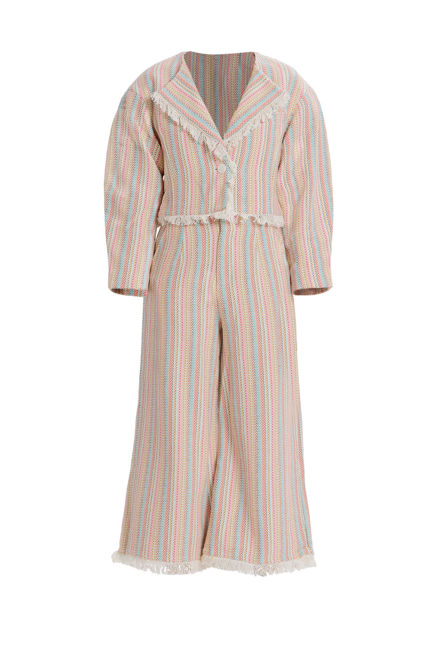Multicolor cropped tweed blazer with frayed hem and pastel hues.