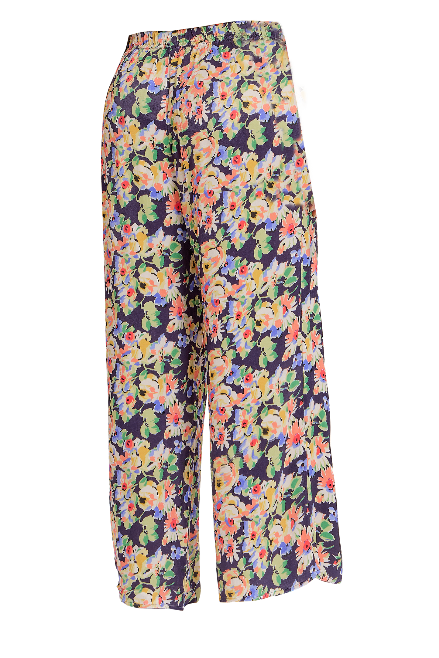 Navy silky wide-leg pants with floral print.