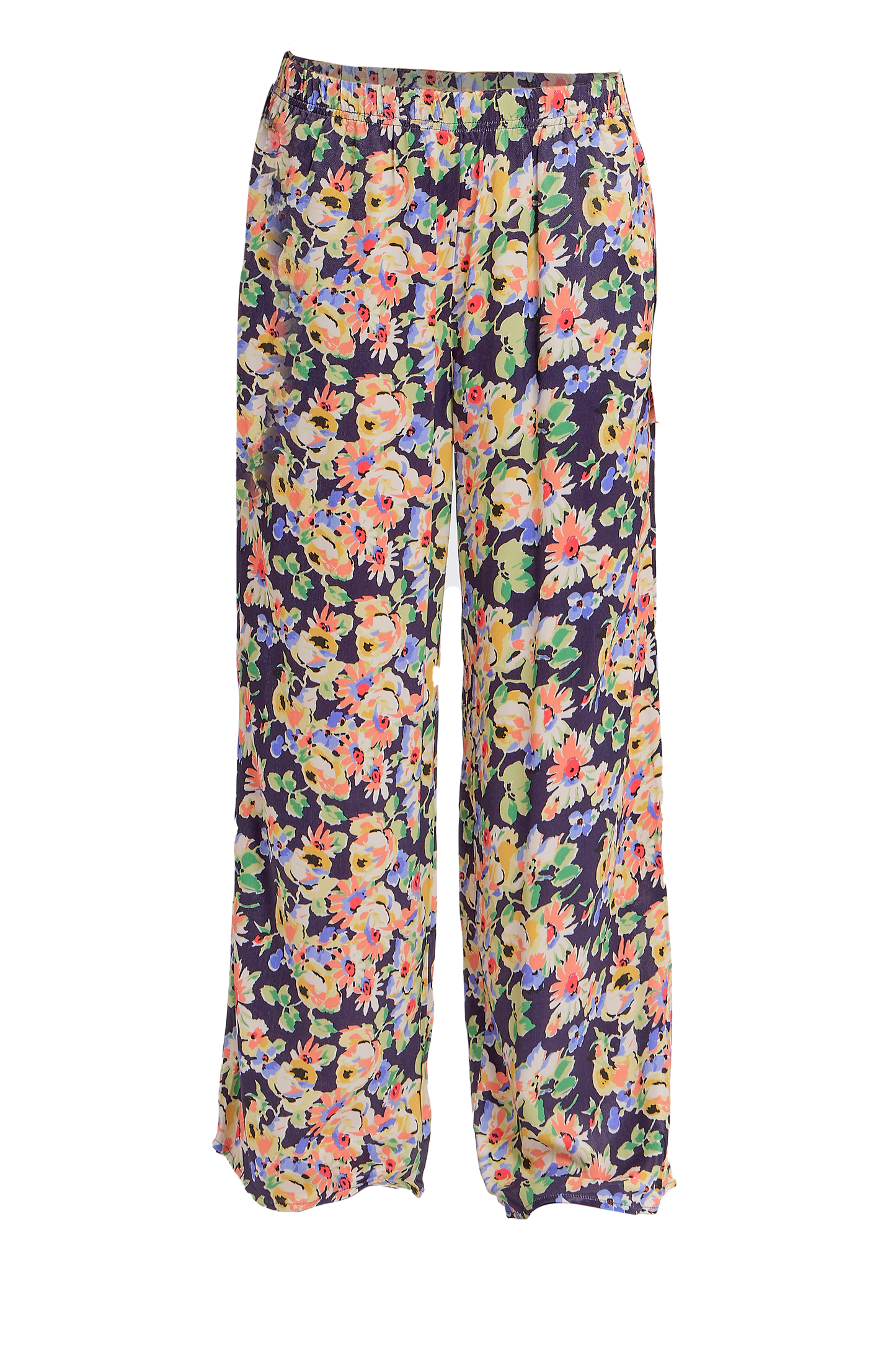 Navy silky floral wide-leg pants with colorful floral print, high-rise waist, and flowing cut.