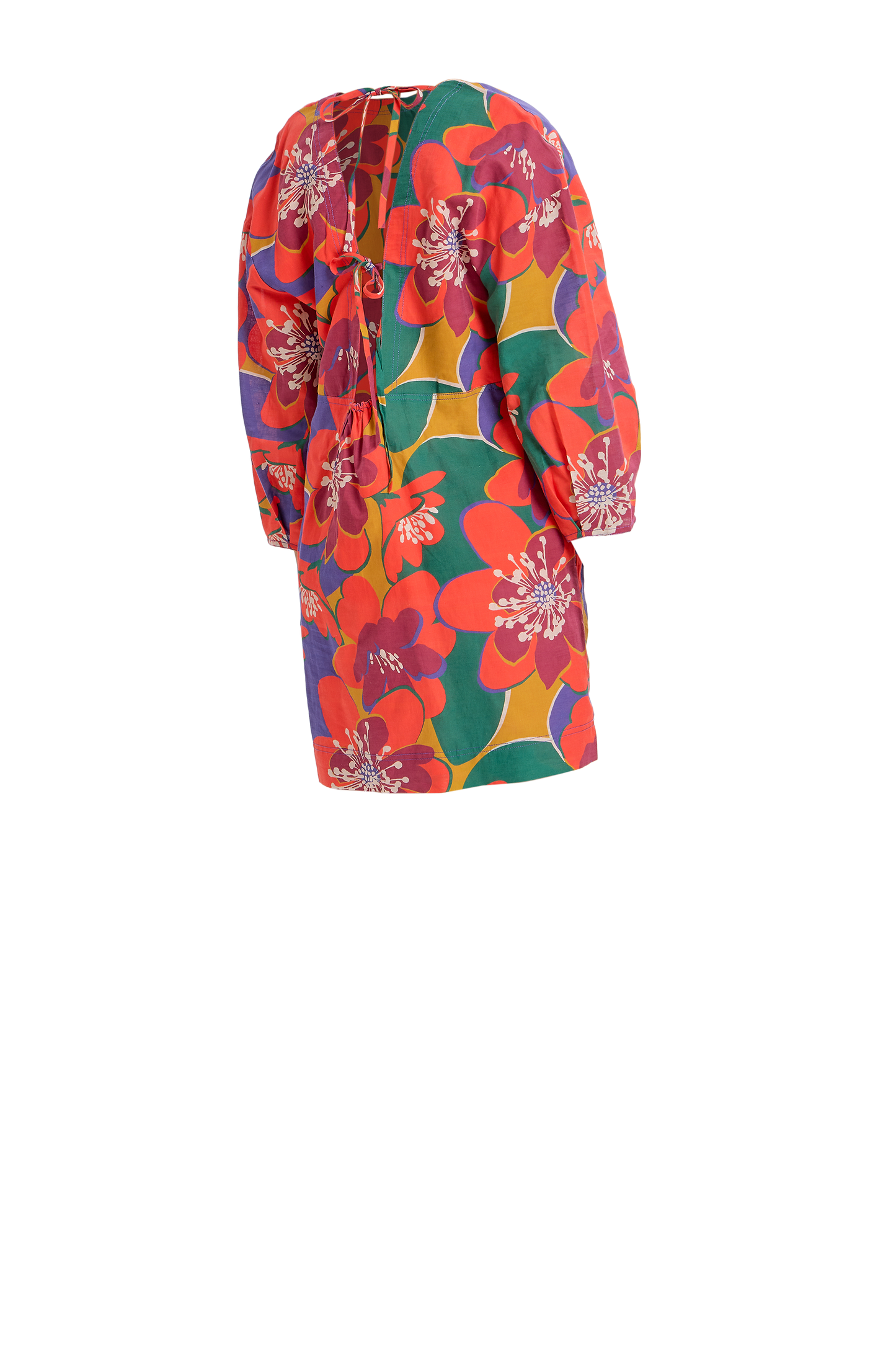 Red floral long-sleeve open-back mini dress with vibrant pattern and puffed sleeves.