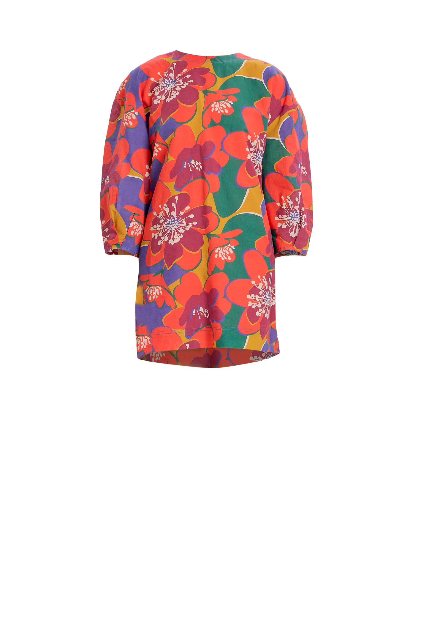 Red floral long-sleeve open-back mini dress with vibrant pattern.