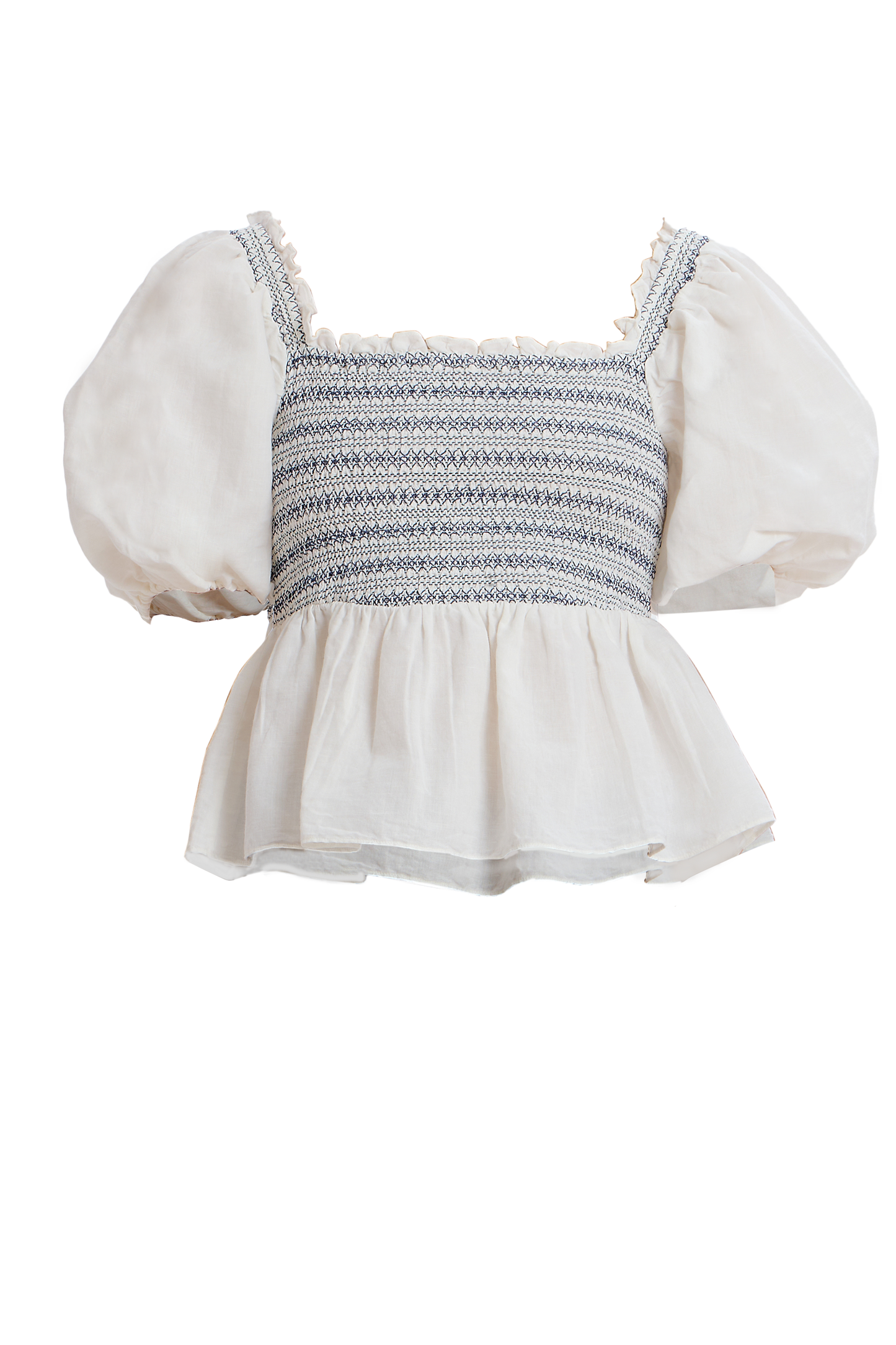 White smocked puff-shoulder peplum top with elastic smocking and short puff sleeves.