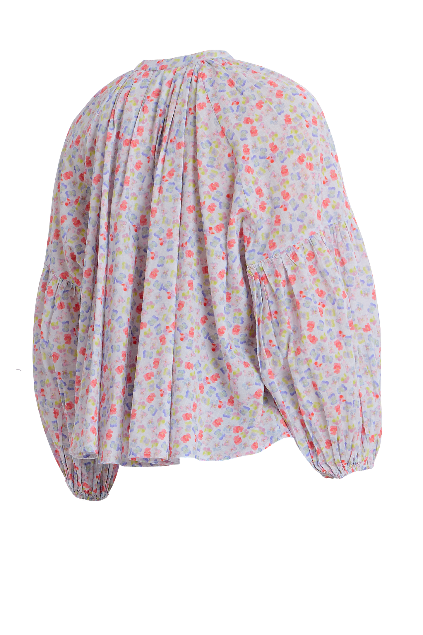 Long-sleeve flowy button-up blouse in orange and white with billowed sleeves and peasant-inspired silhouette.