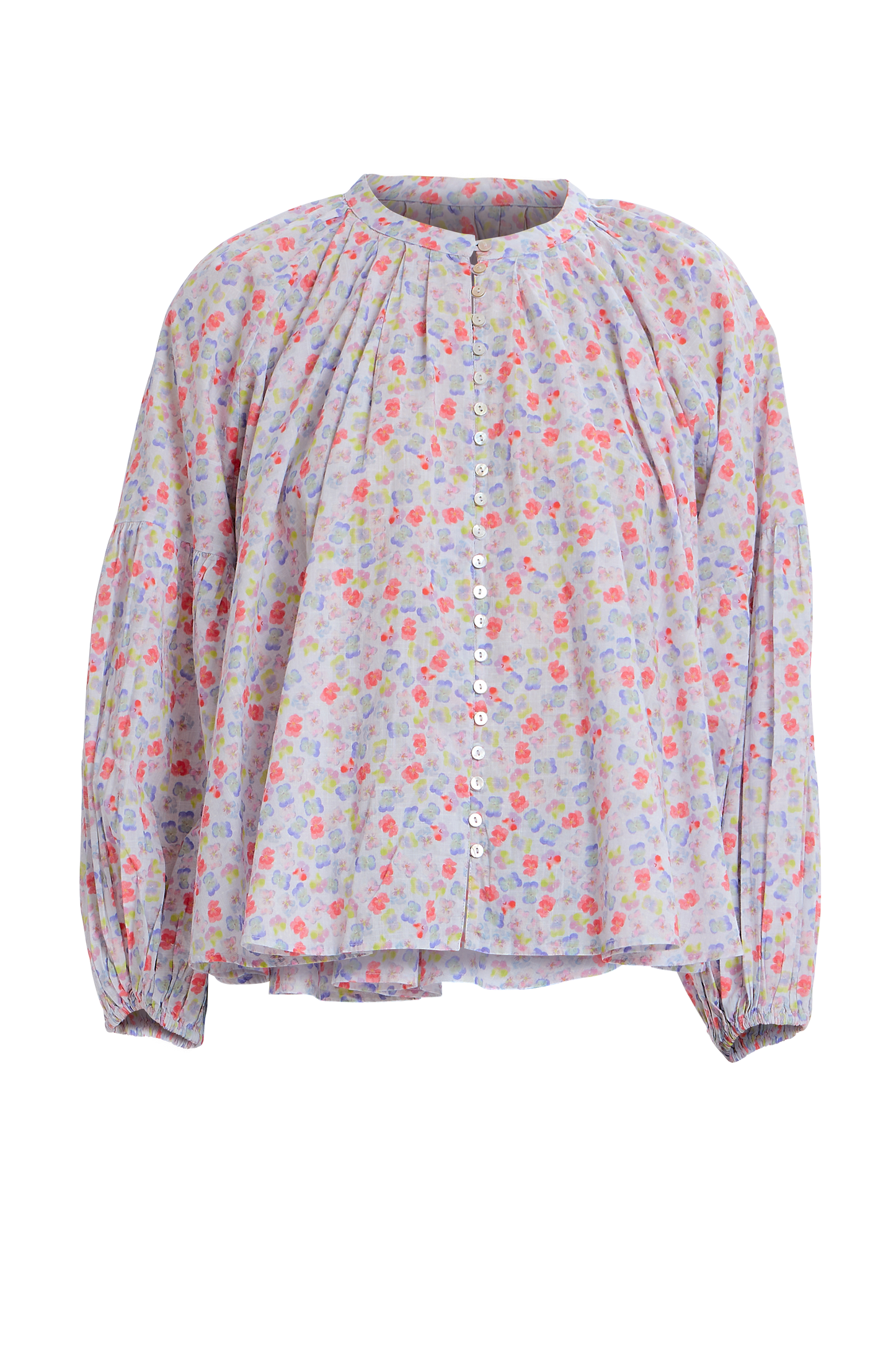 Long-sleeve flowy orange white button-up blouse with peasant-inspired silhouette.