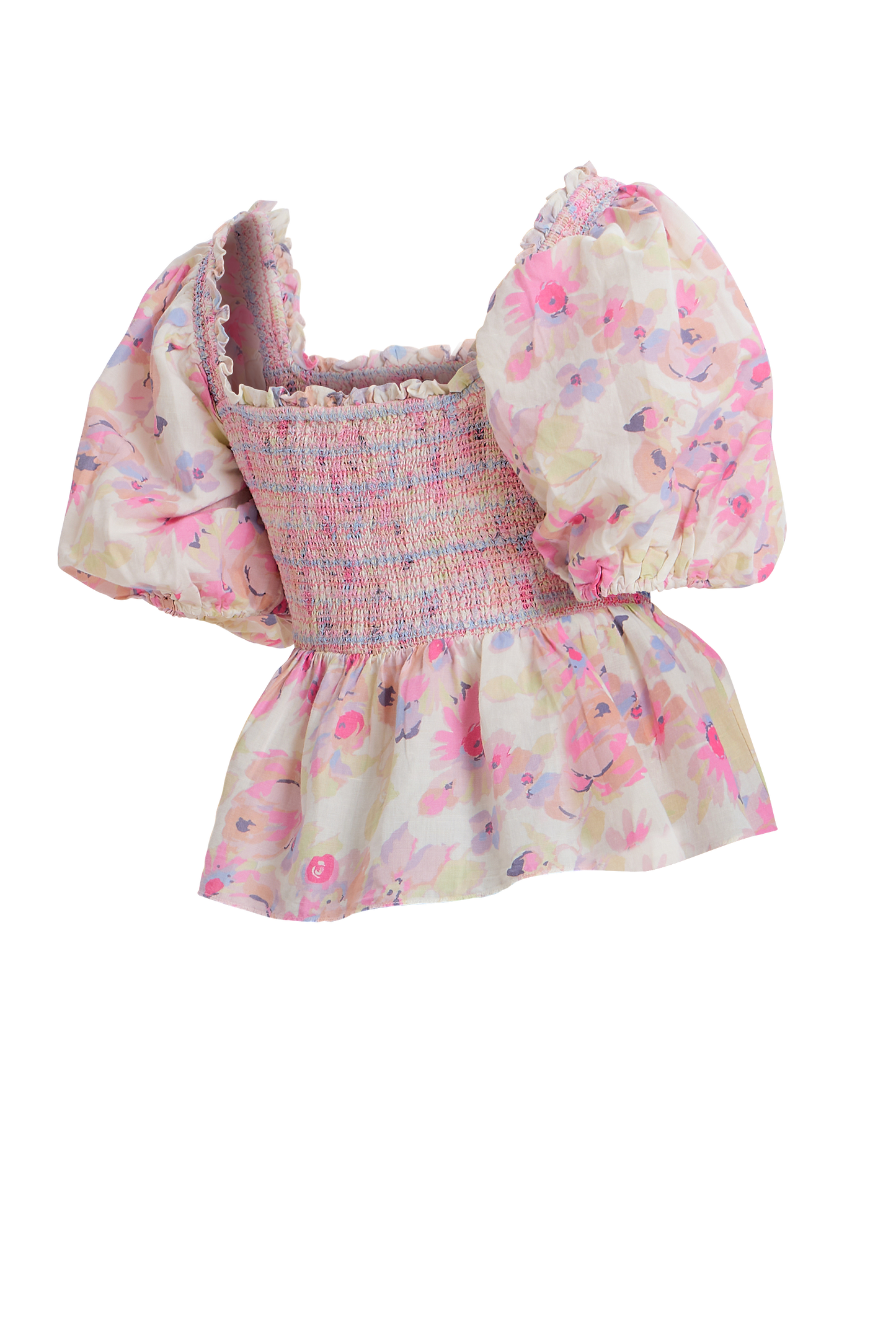 Pink floral smocked puff-shoulder top with vibrant print and playful peplum hem