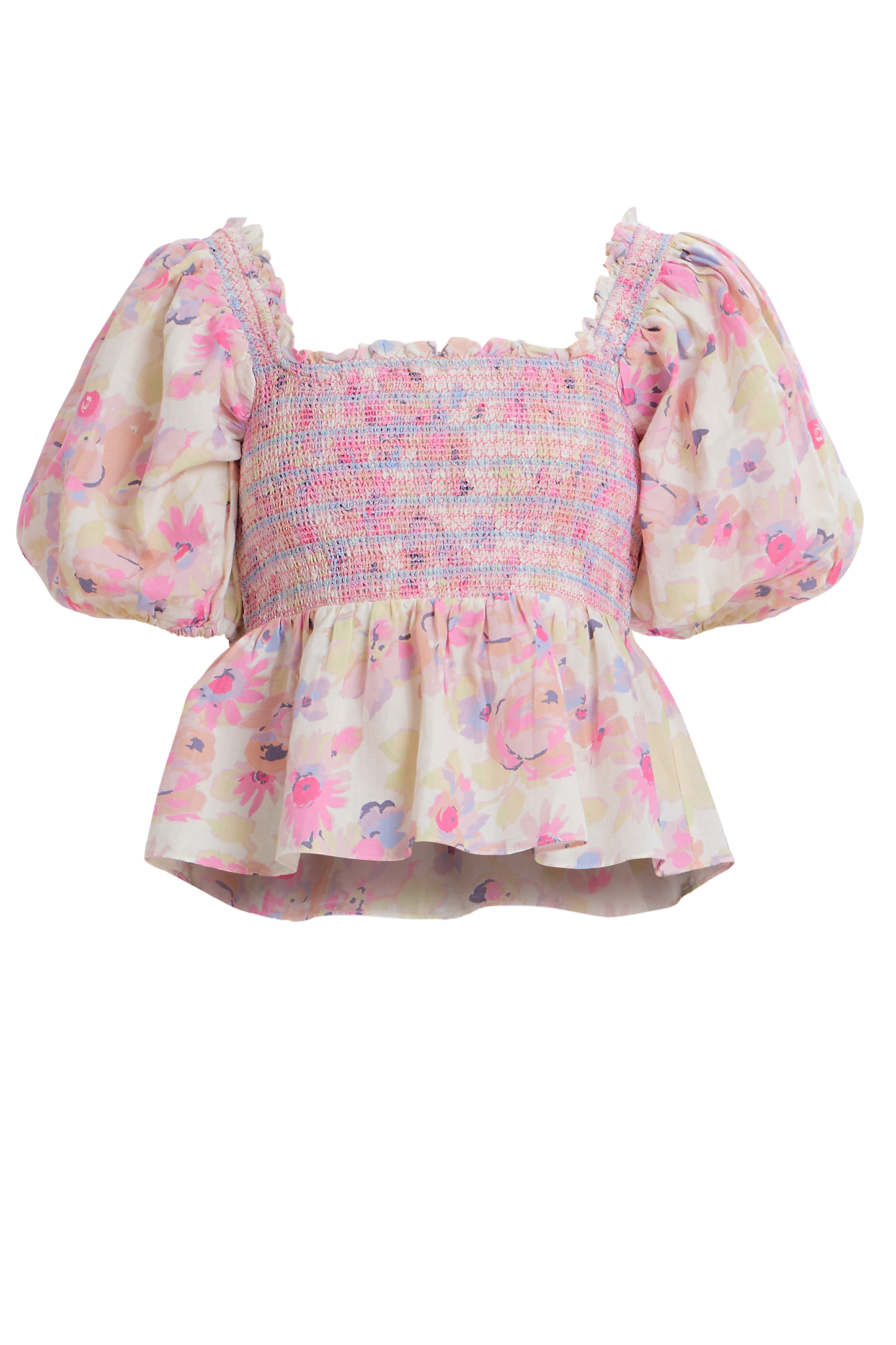 Pink Floral Smocked Puff-Shoulder Top with peplum hem and short puff sleeves.