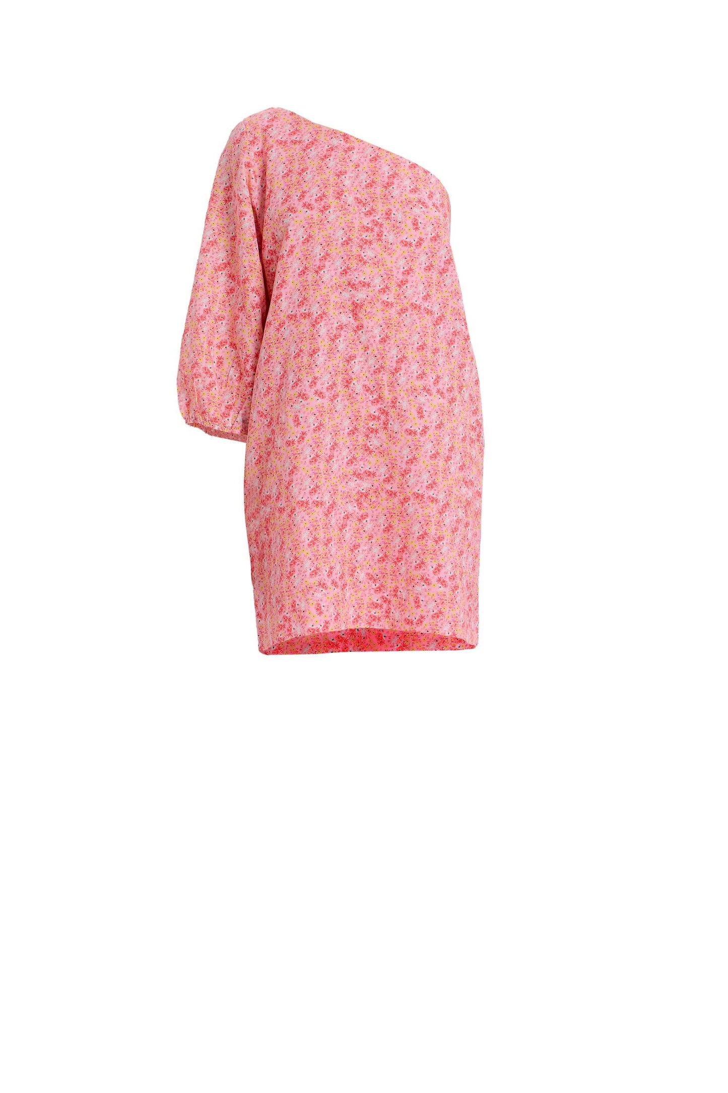 Pink floral one-shoulder mini dress with ruffle strap on crepe fabric.