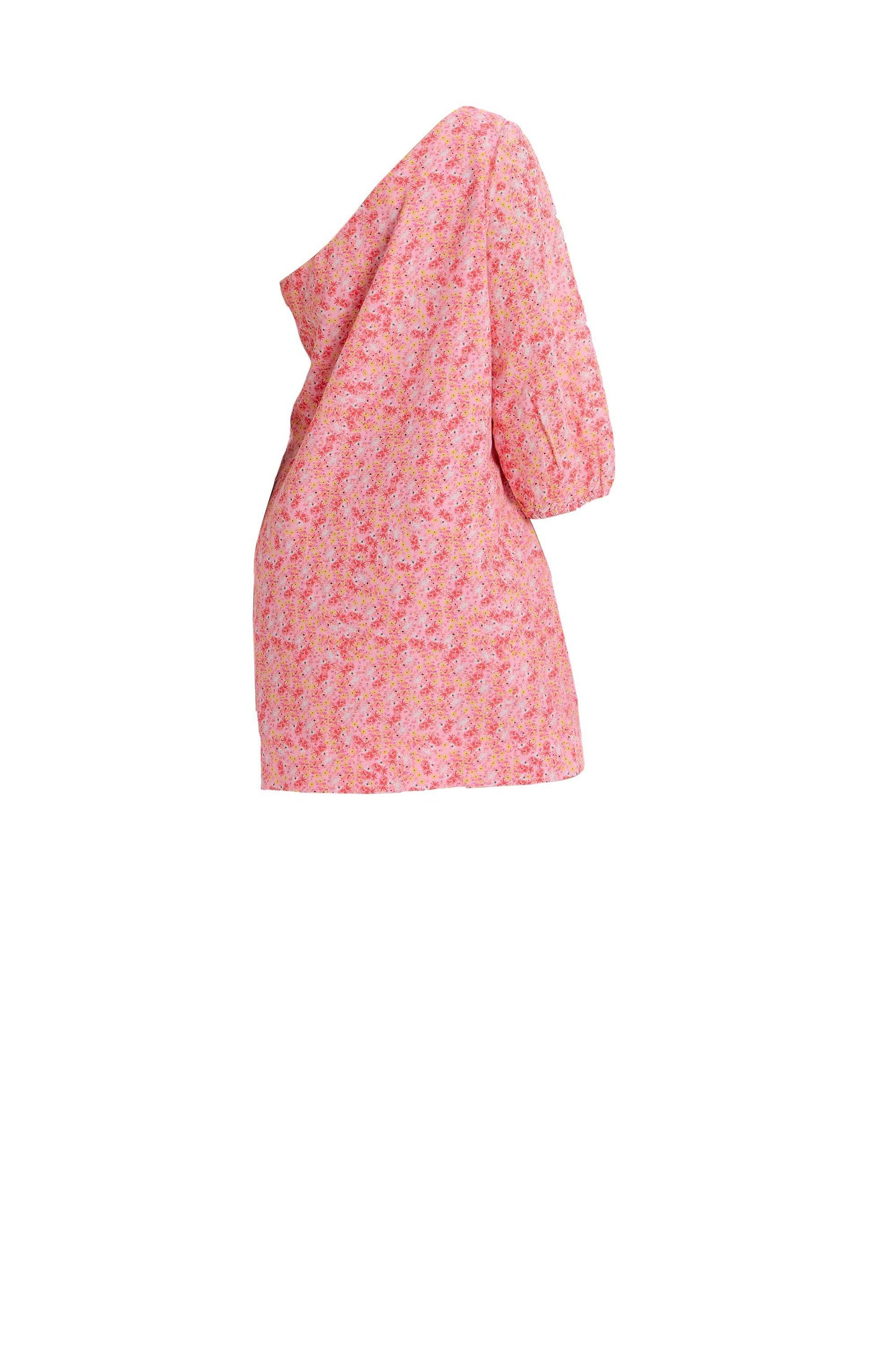 Pink floral one-shoulder mini dress with ivory blossoms, asymmetric ruffle strap.