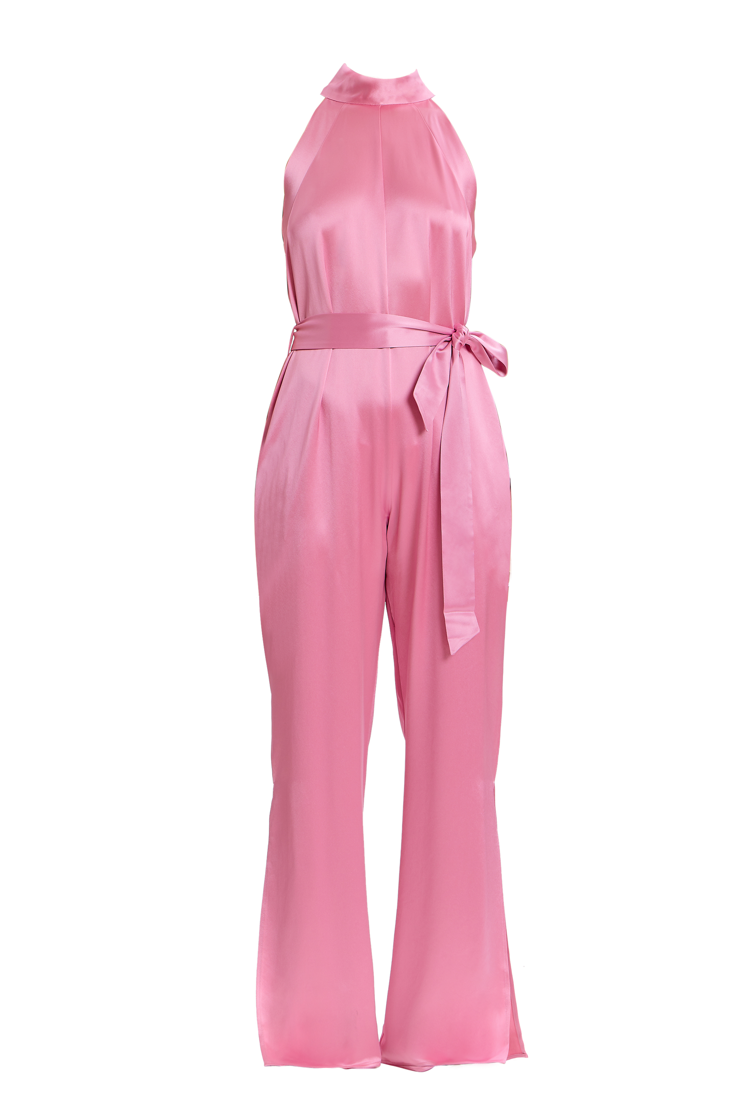 Pink Silky Halter Jumpsuit with Belt, elegant wide-leg design, perfect for special occasions.