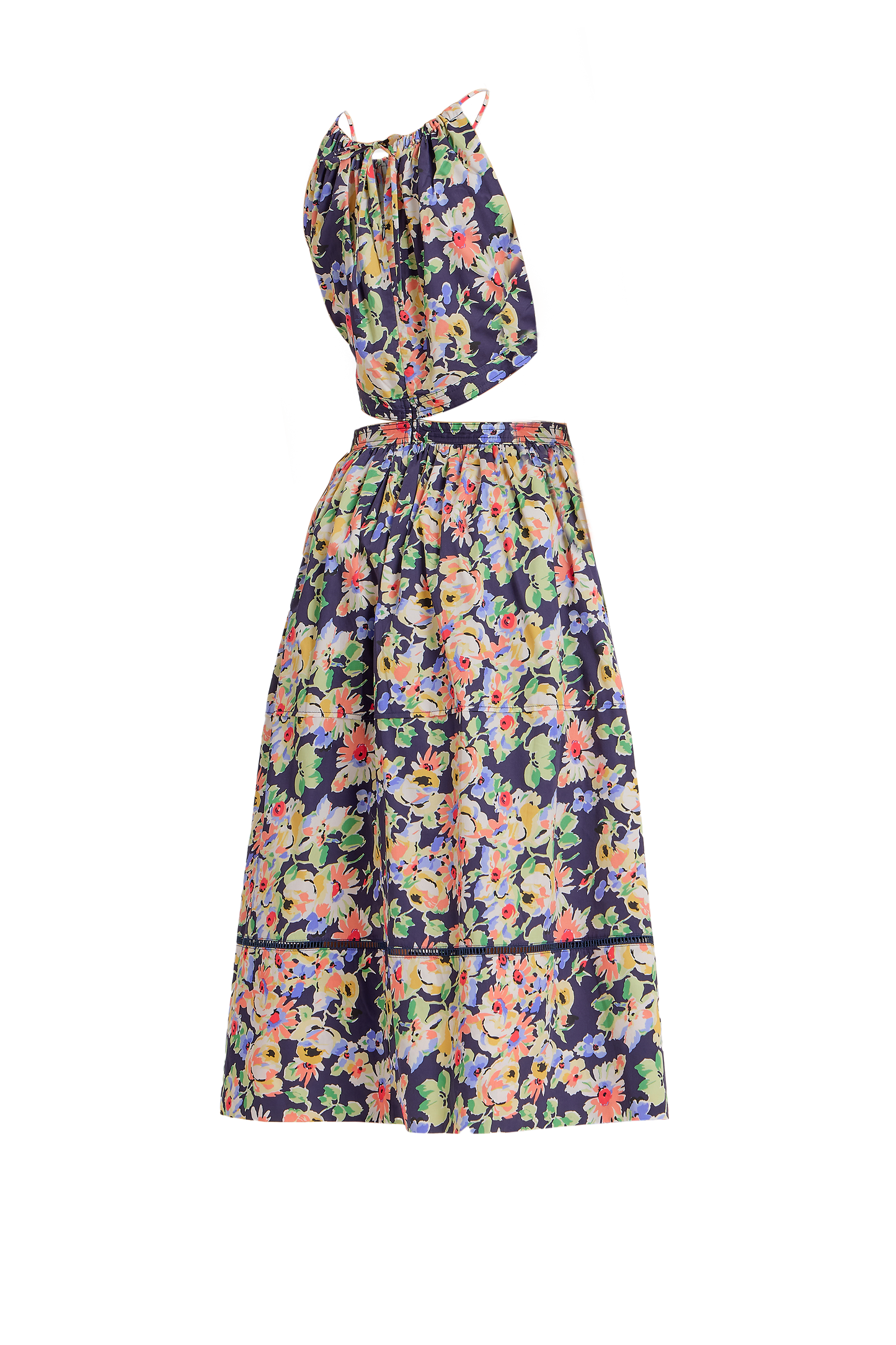 Navy floral cut-out midi dress with sleeveless design and waist cut-out detail.