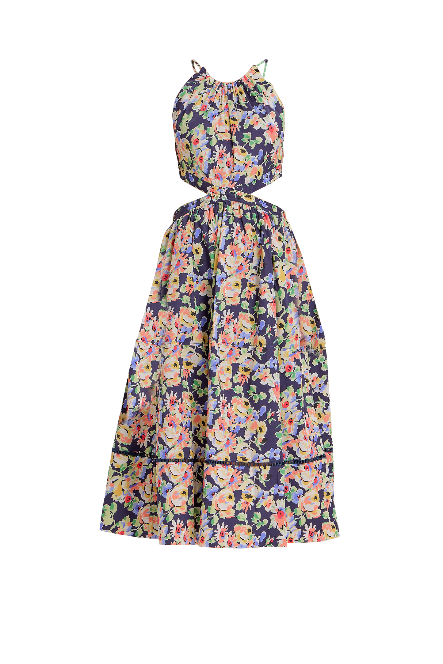 Navy floral cut-out midi dress with vibrant print and sleeveless design.