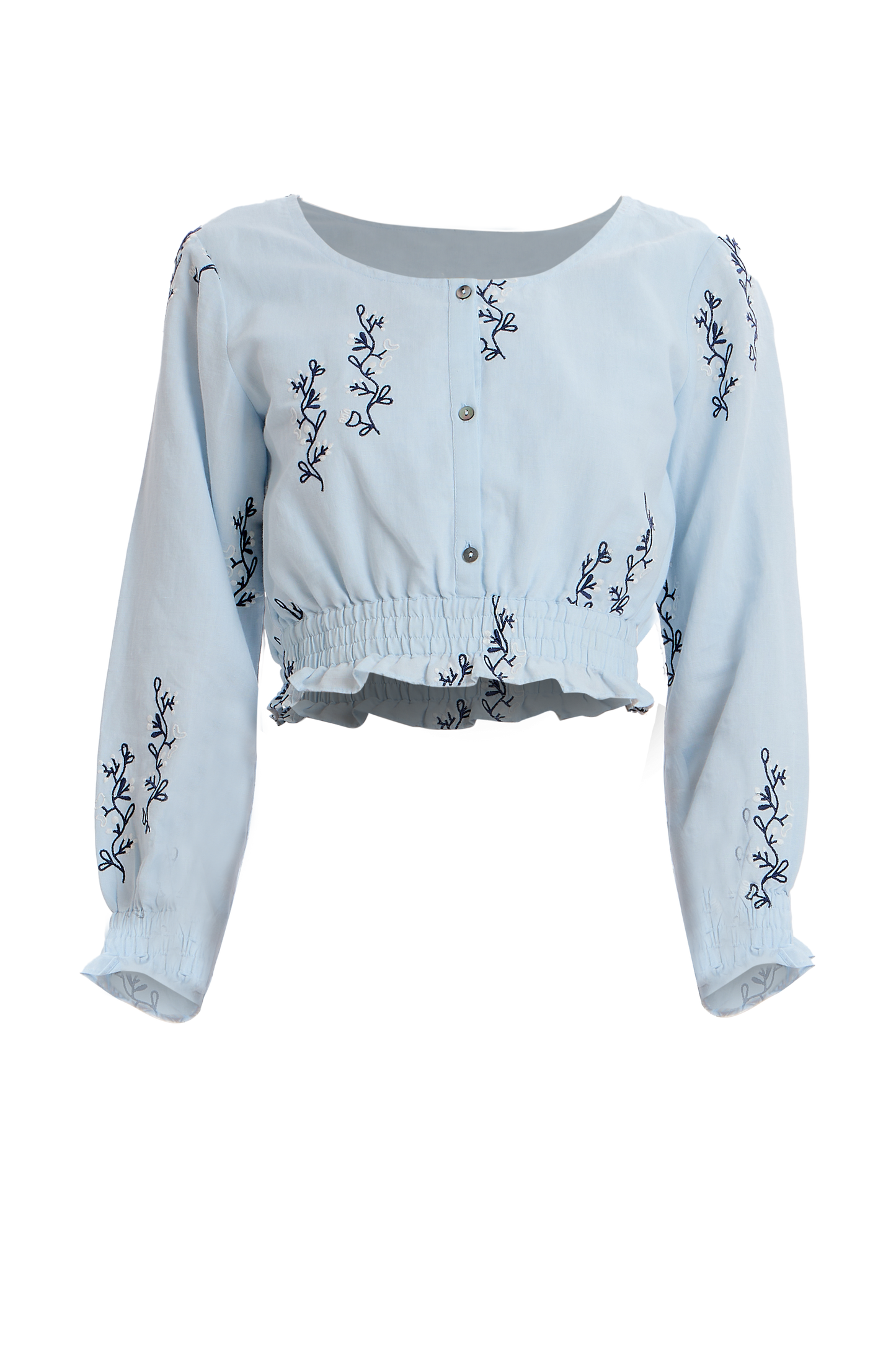 Blue floral embroidered long-sleeve crop top with sky-blue hue.