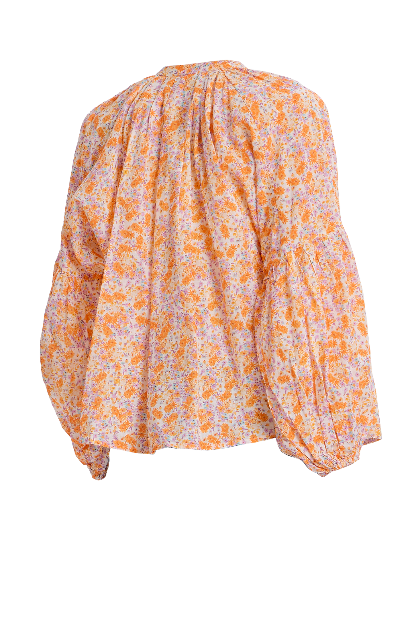 Long-sleeve flowy button-up blouse in orange floral pattern, showcasing peasant-inspired silhouette with billowy sleeves.