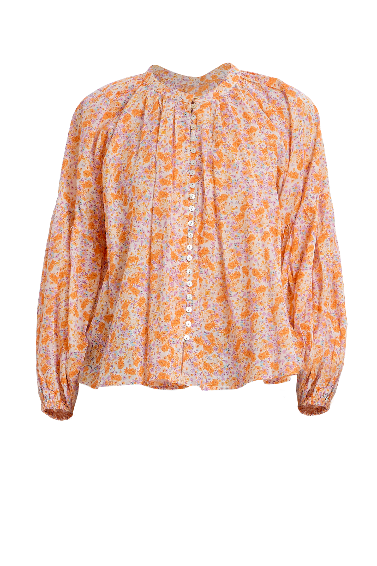 Long-sleeve flowy button-up blouse in orange floral pattern with a peasant-inspired silhouette.