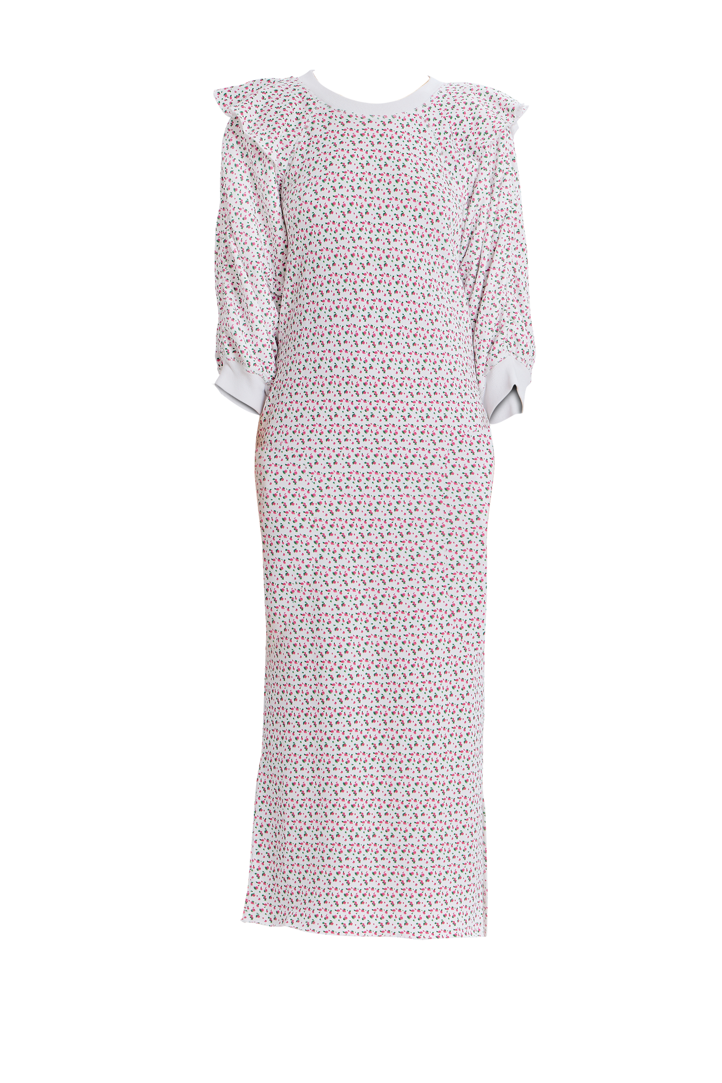 White Meghan Ruffle-Shoulder Sweatshirt Dress with tonal pattern and ruffled shoulders.
