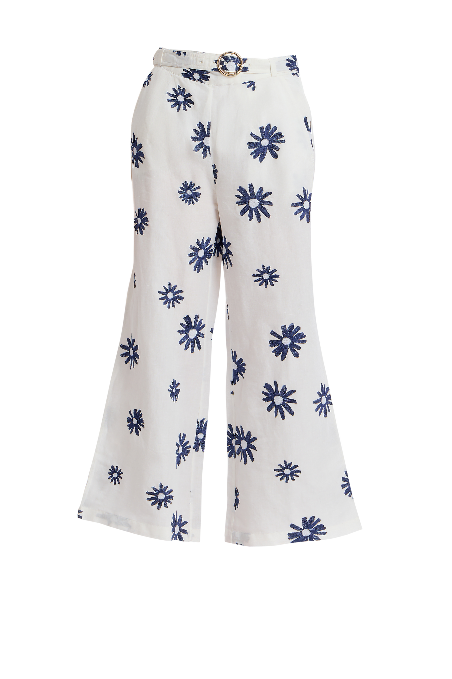 White embroidered wide-leg pants with matching belt and floral design.