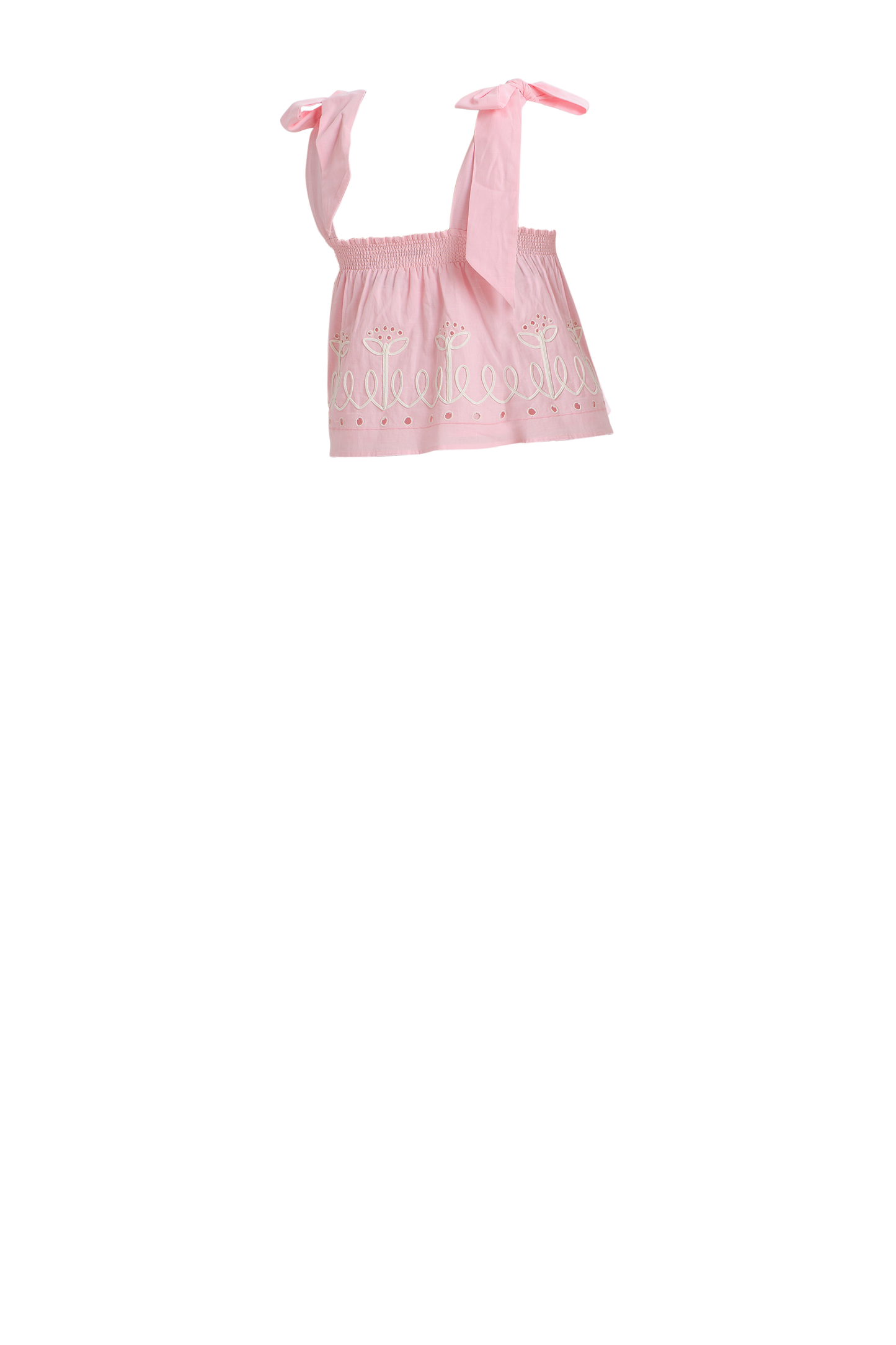 Soft pink embroidered tie-shoulder top with floral details and bow accents.