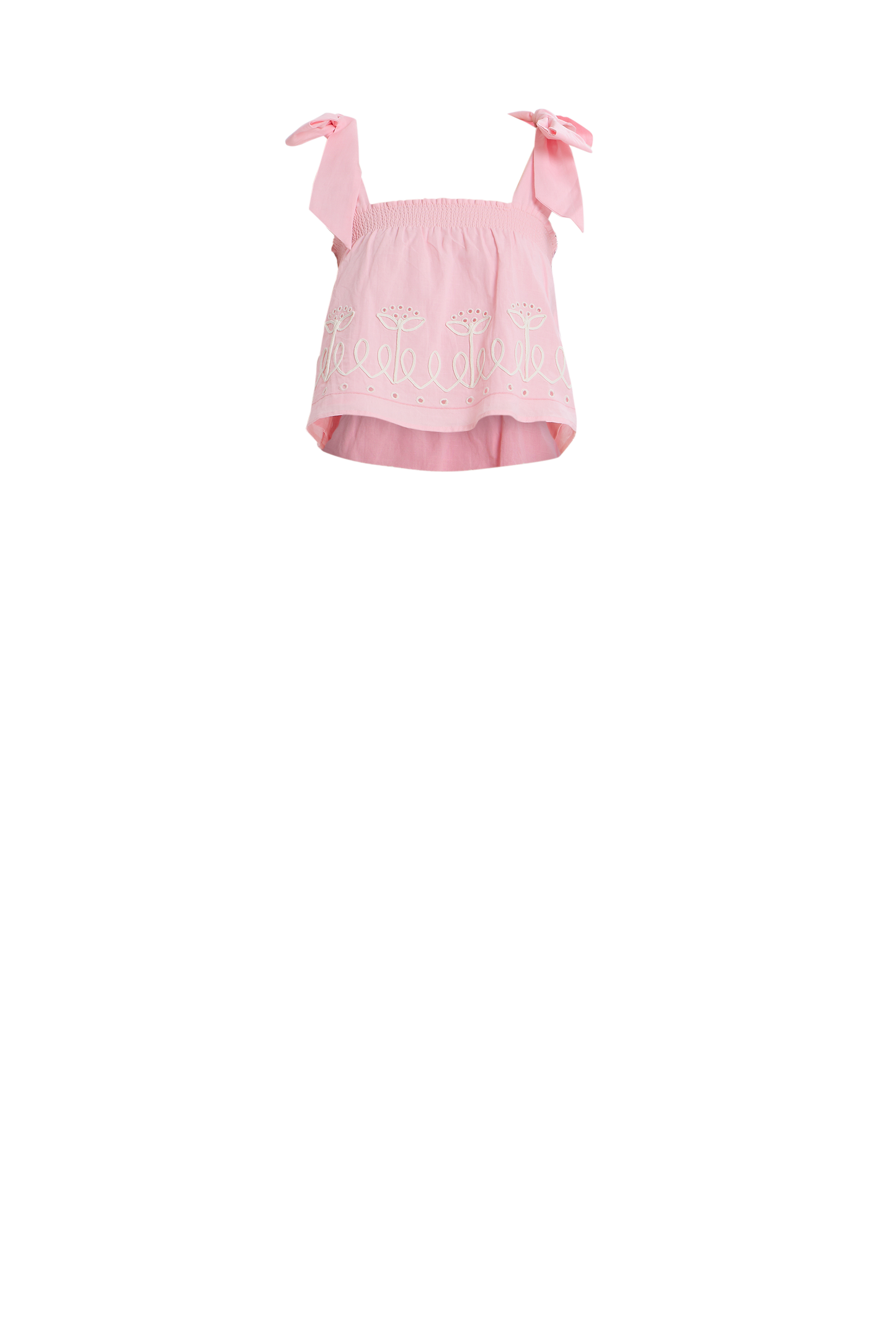 Soft pink embroidered tie-shoulder top with floral details and adjustable bow straps.