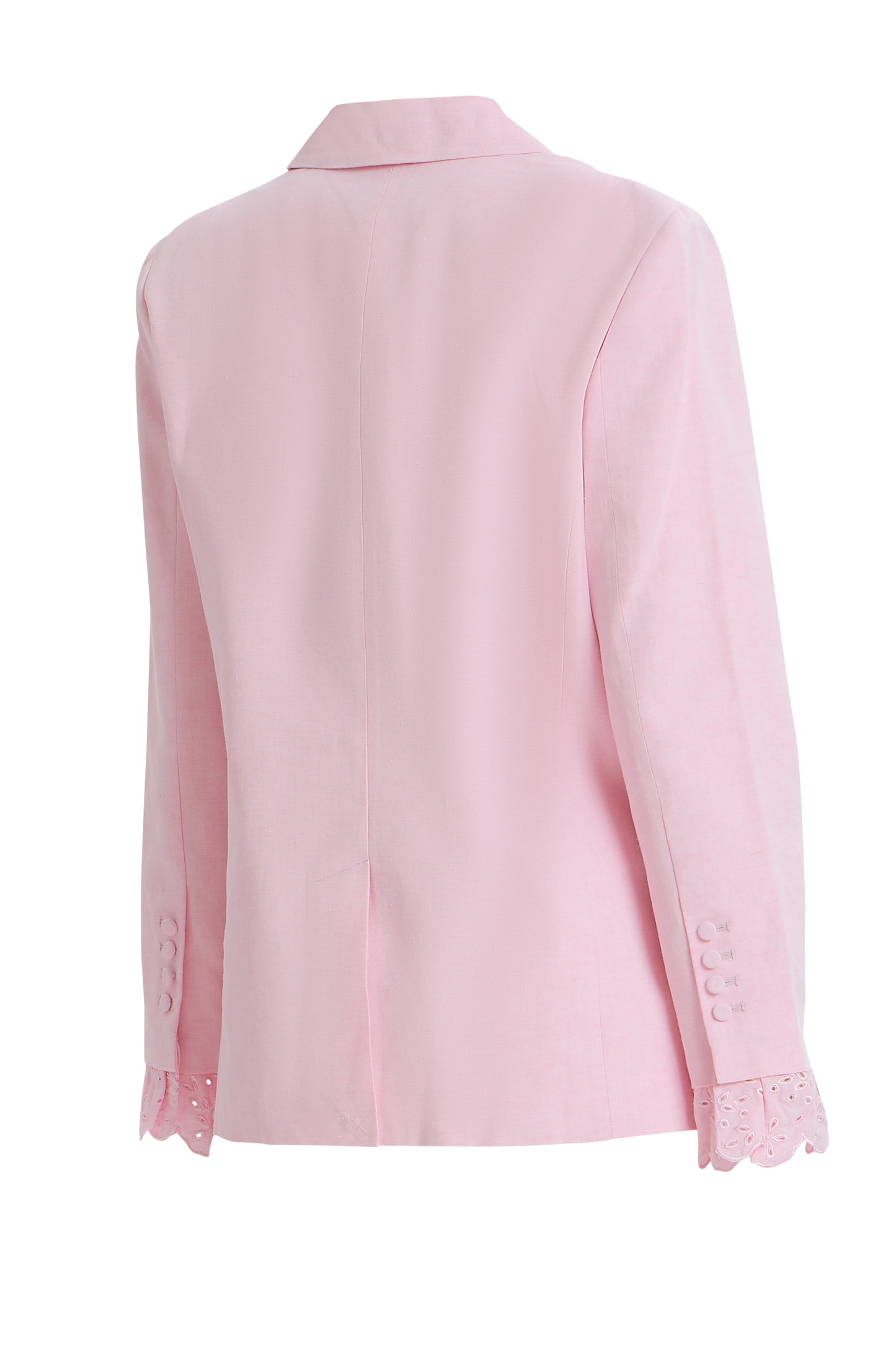 Pink blazer with white eyelet lace cuffs, tailored fit and long sleeves.