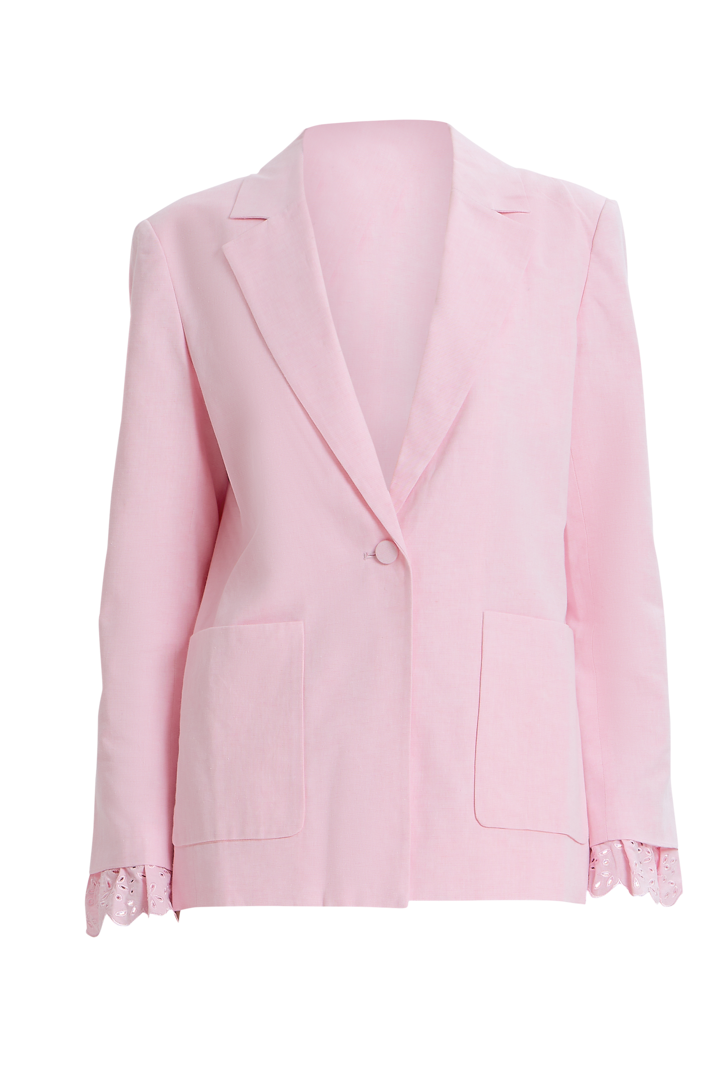 Pink blazer with eyelet cuffs featuring tailored fit and delicate white lace accents.