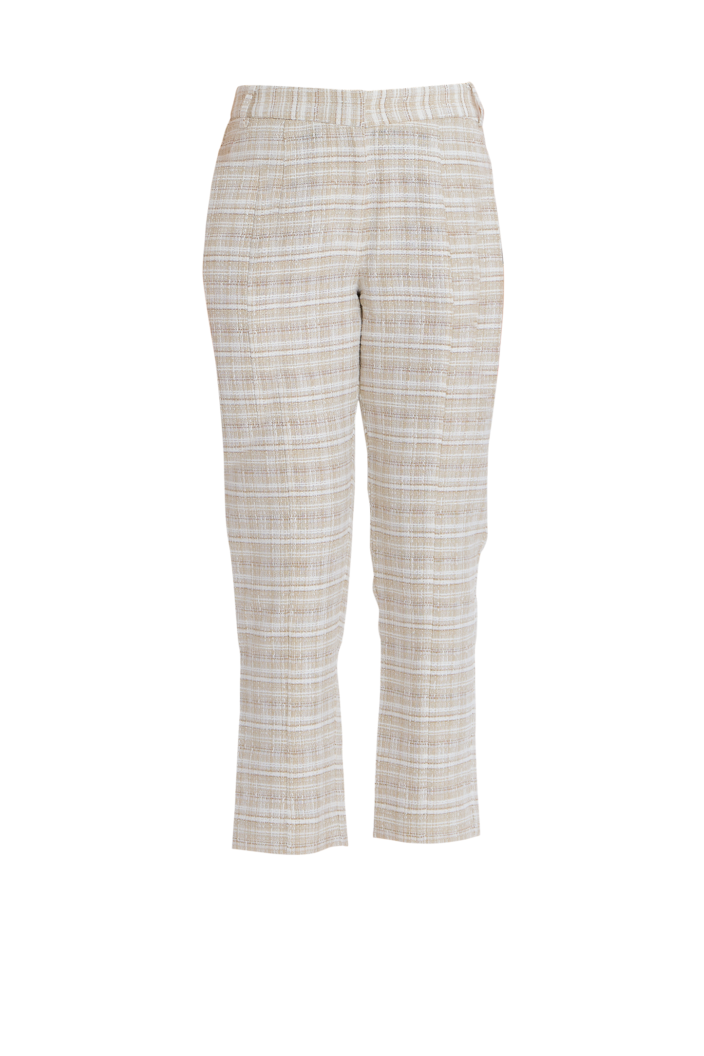 Beige tweed cropped trousers with a modern silhouette and tailored fit.