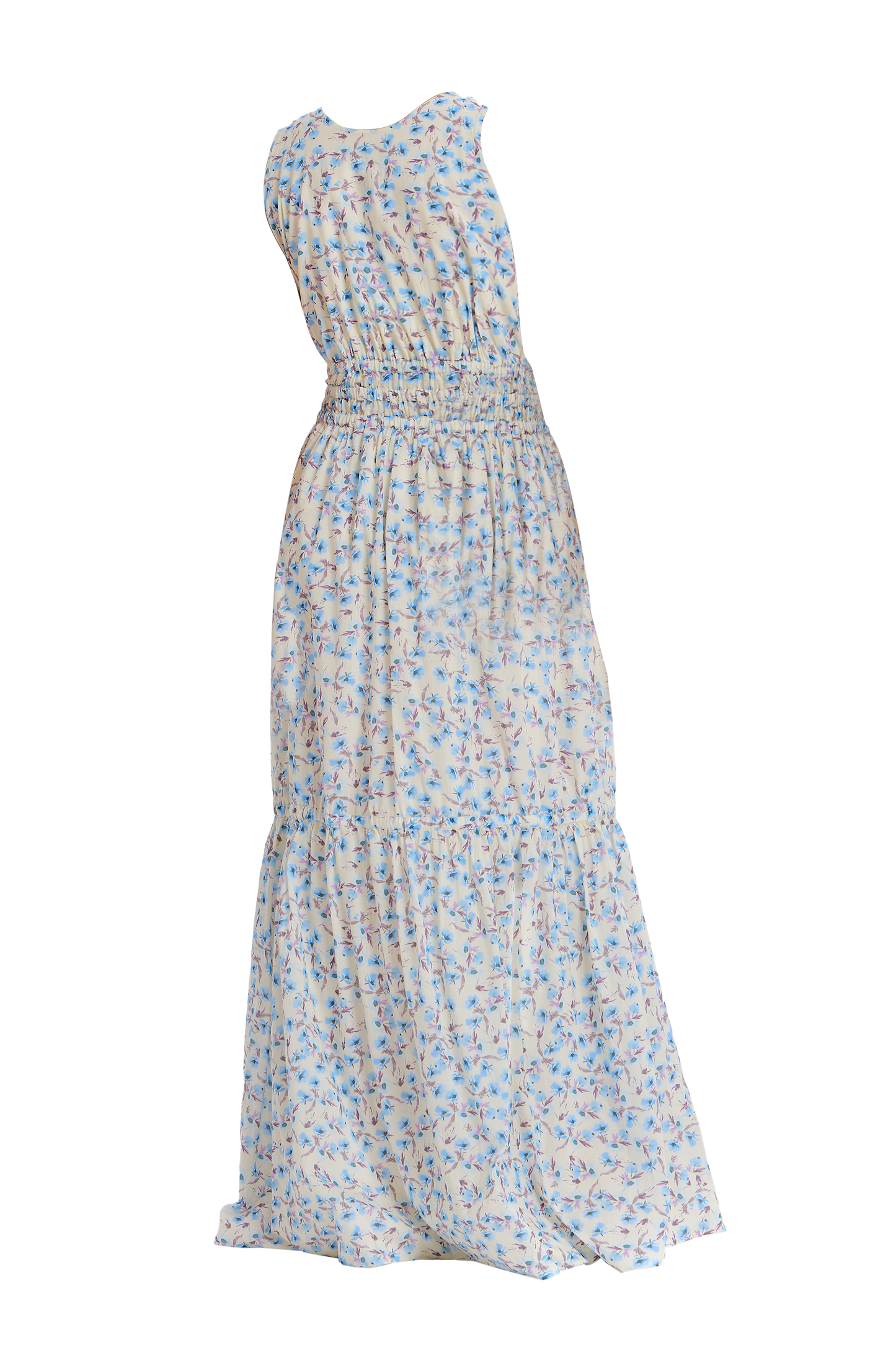 Blue Floral Tiered Maxi Dress with cascading layers and cinched waist.