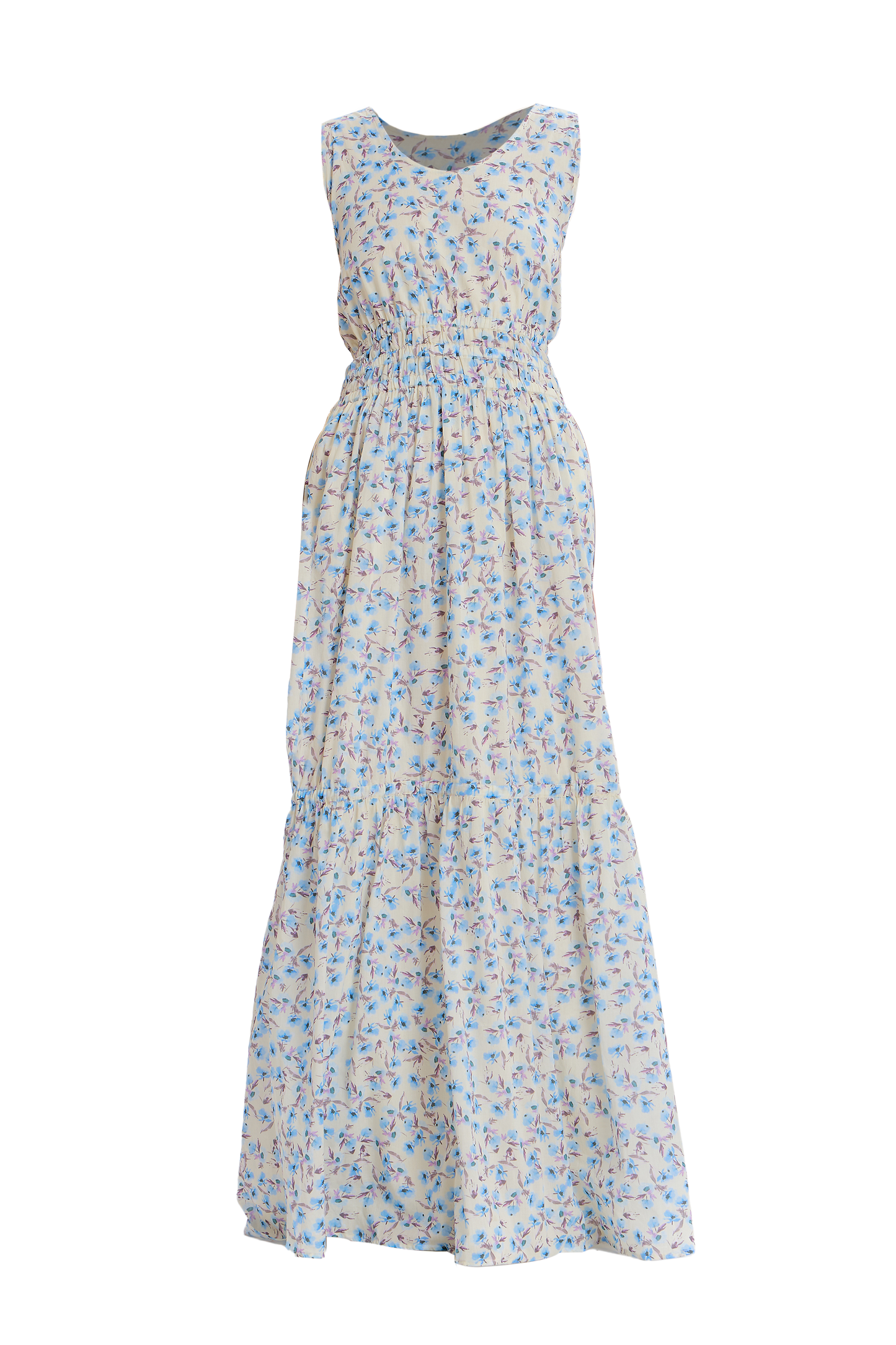 Blue Floral Tiered Maxi Dress with cascading layers and cinched waist.