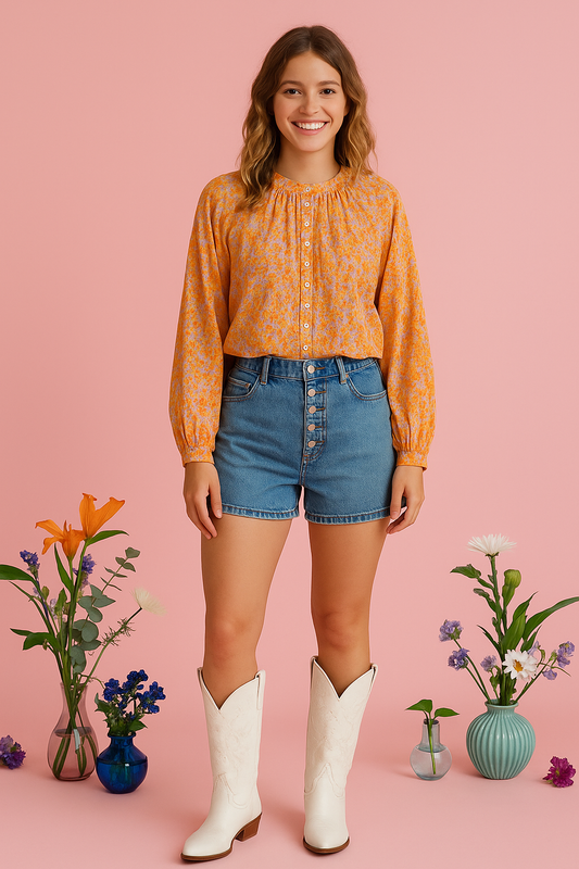 Long-sleeve flowy button-up blouse in orange and white plaid, styled with denim shorts and cowboy boots against a pink background.