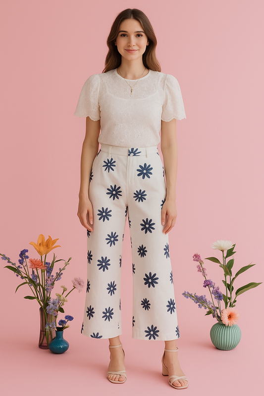 White embroidered wide-leg pants with matching belt, featuring floral designs on white fabric.
