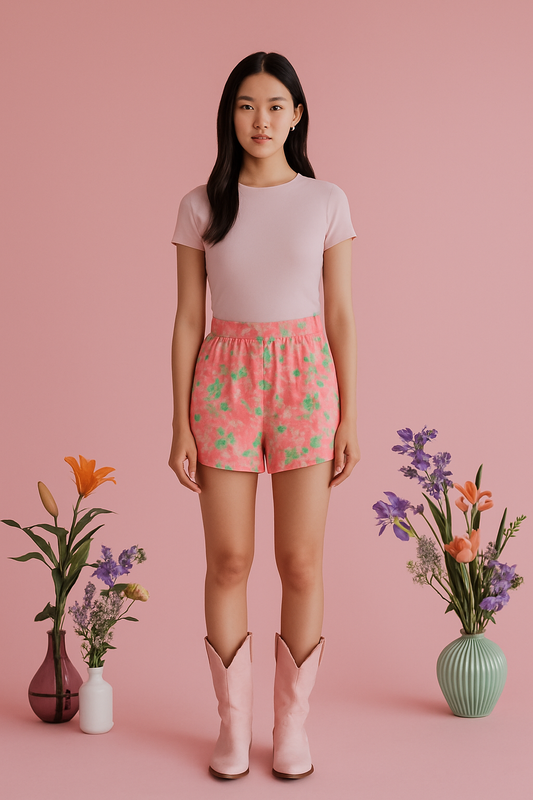 Pink floral tie-waist shorts with a feminine, whimsical style on a model with a pink top and backdrop.