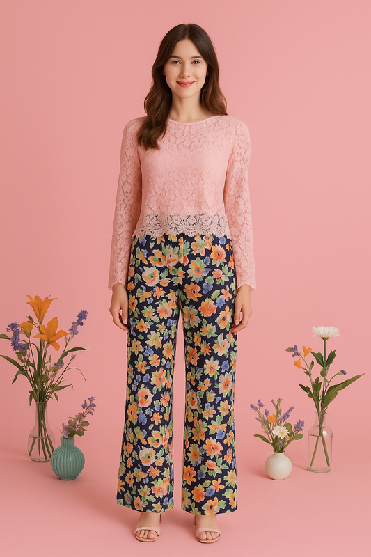 Navy silky floral wide-leg pants with colorful flower print and high-rise waist.