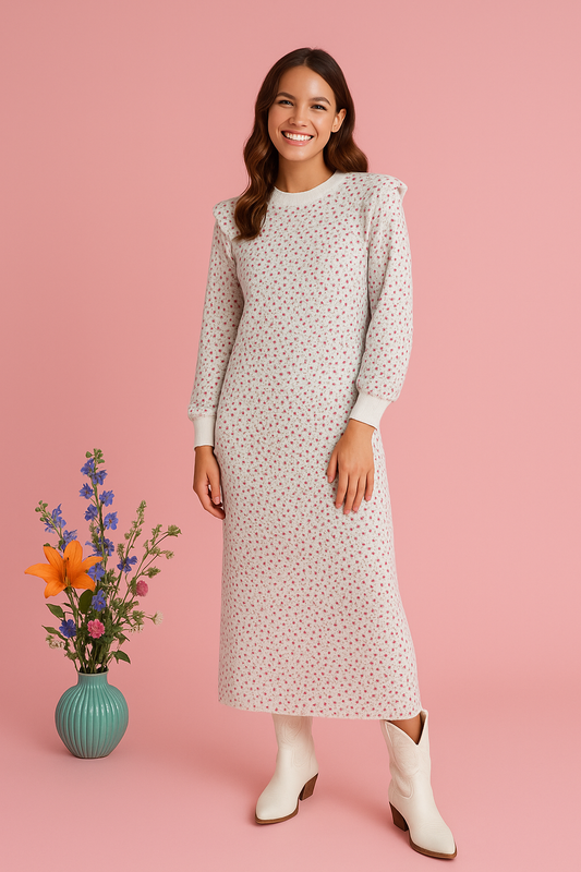 White Meghan Ruffle-Shoulder Sweatshirt Dress with floral print and ruffled shoulders.