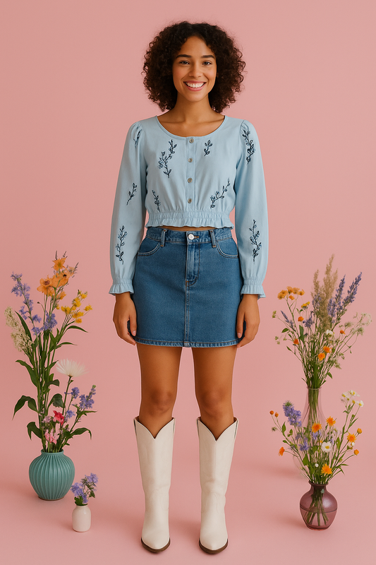 Blue floral embroidered long-sleeve crop top with sky-blue hue, crew neckline, and intricate floral design.