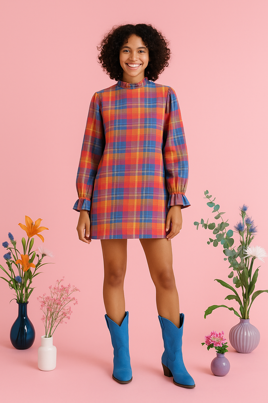 Mock neck orange plaid mini dress with long sleeves and ruffle details.