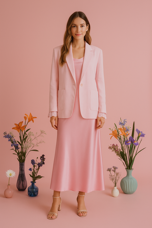 Pink blazer with eyelet cuffs paired with a matching dress, surrounded by decorative vases and flowers.