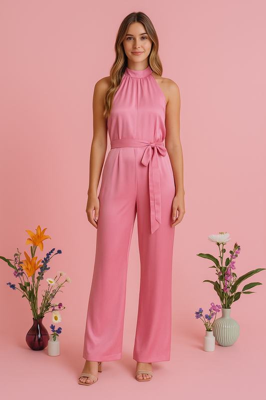 Pink Silky Halter Jumpsuit with Belt and Wide Legs