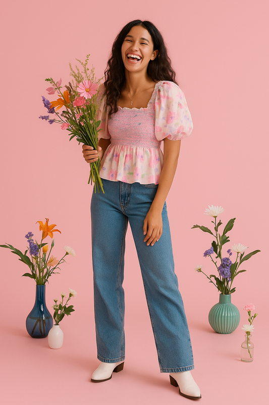 Pink Floral Smocked Puff-Shoulder Top with vintage-inspired puff sleeves and playful peplum hem.