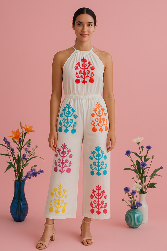 White rainbow embroidered high-neck jumpsuit with colorful motifs on a pink backdrop.