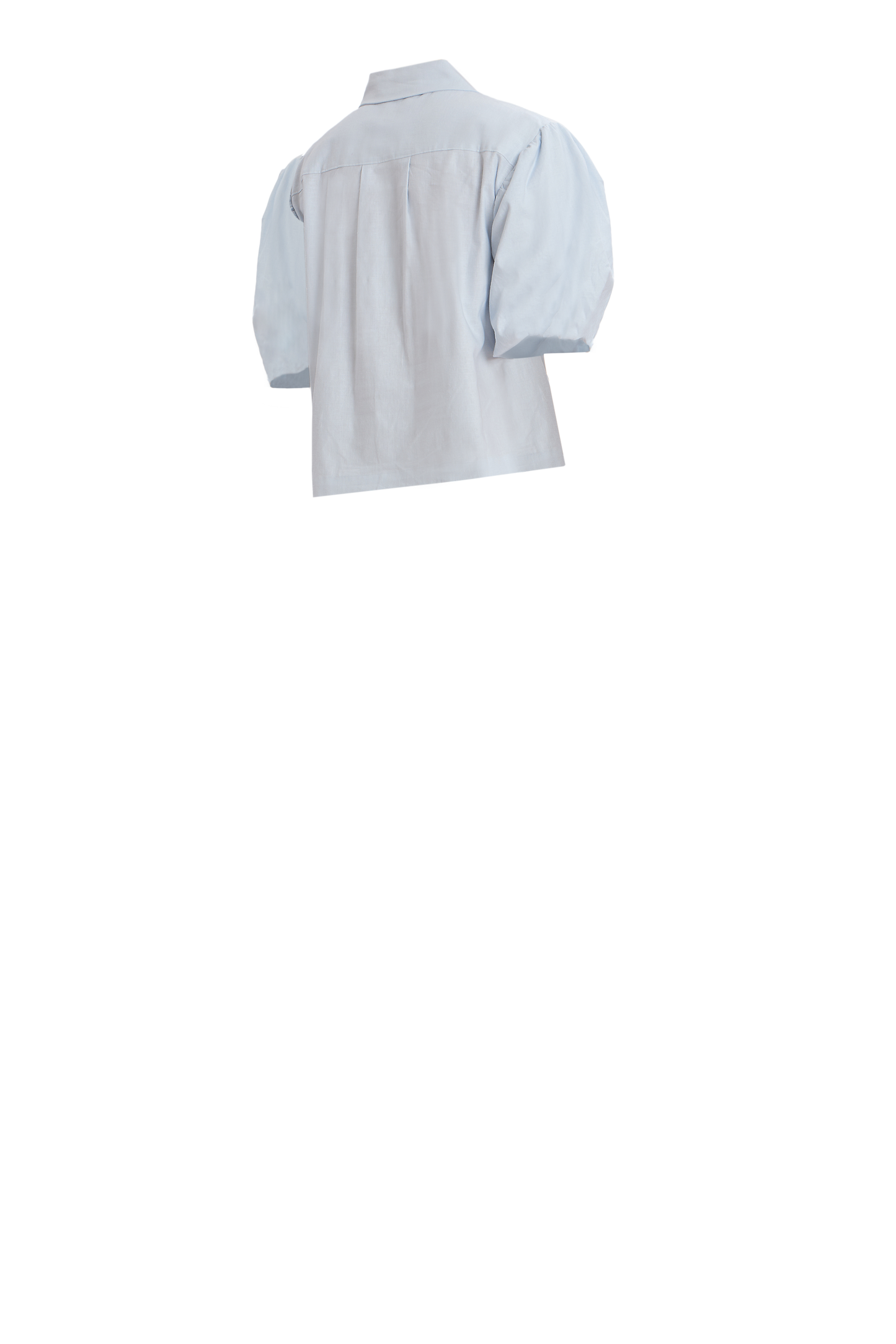 White puff-sleeve button-up blouse with tailored collar and whimsical puff sleeves.