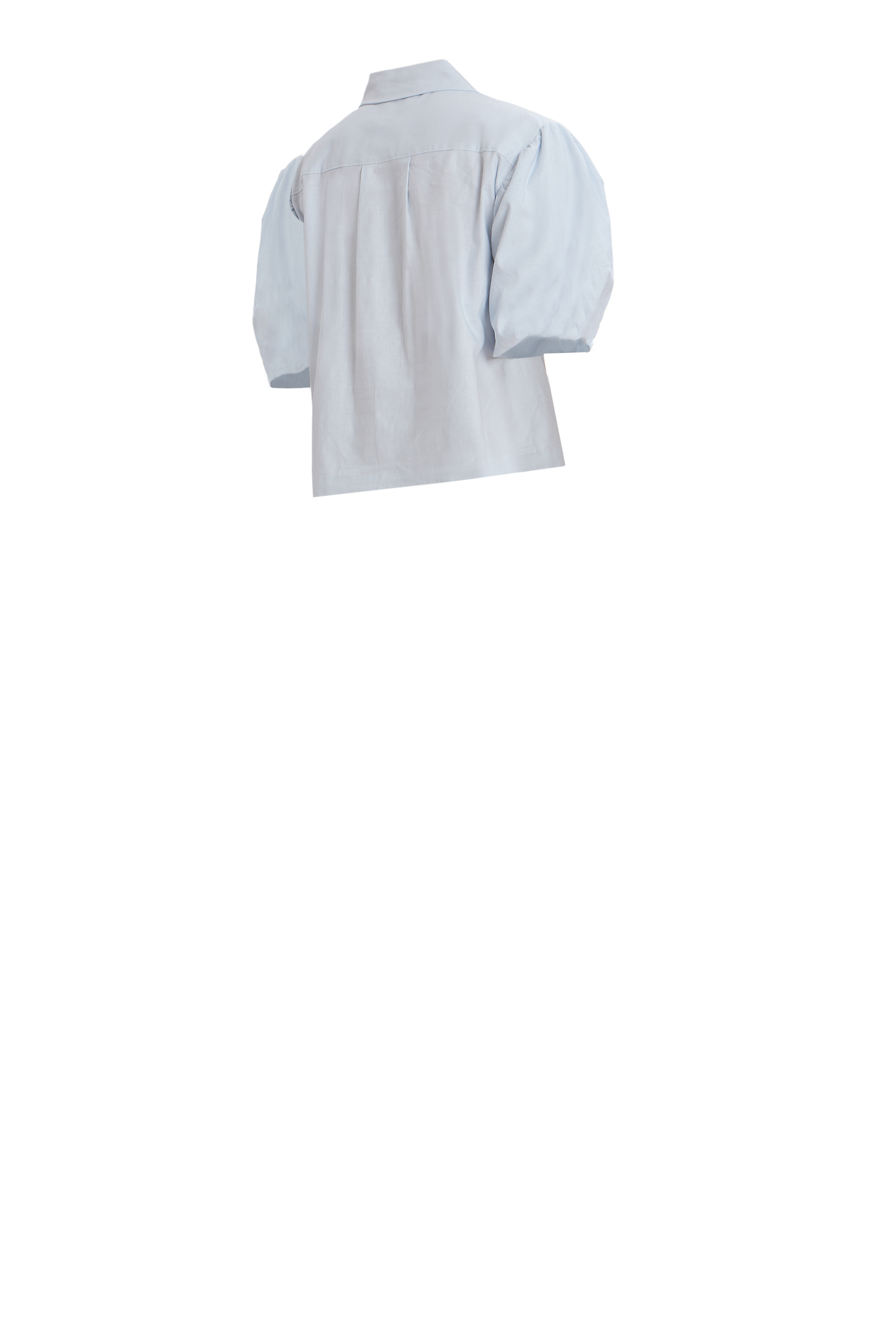 White puff-sleeve button-up blouse with tailored collar and whimsical puff sleeves.