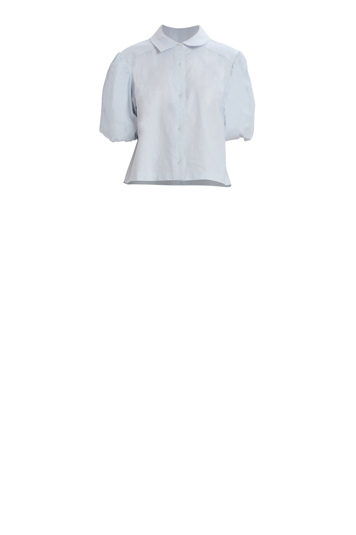 White puff-sleeve button-up blouse with tailored collar and whimsical puff sleeves, perfect for a prairie-chic style.