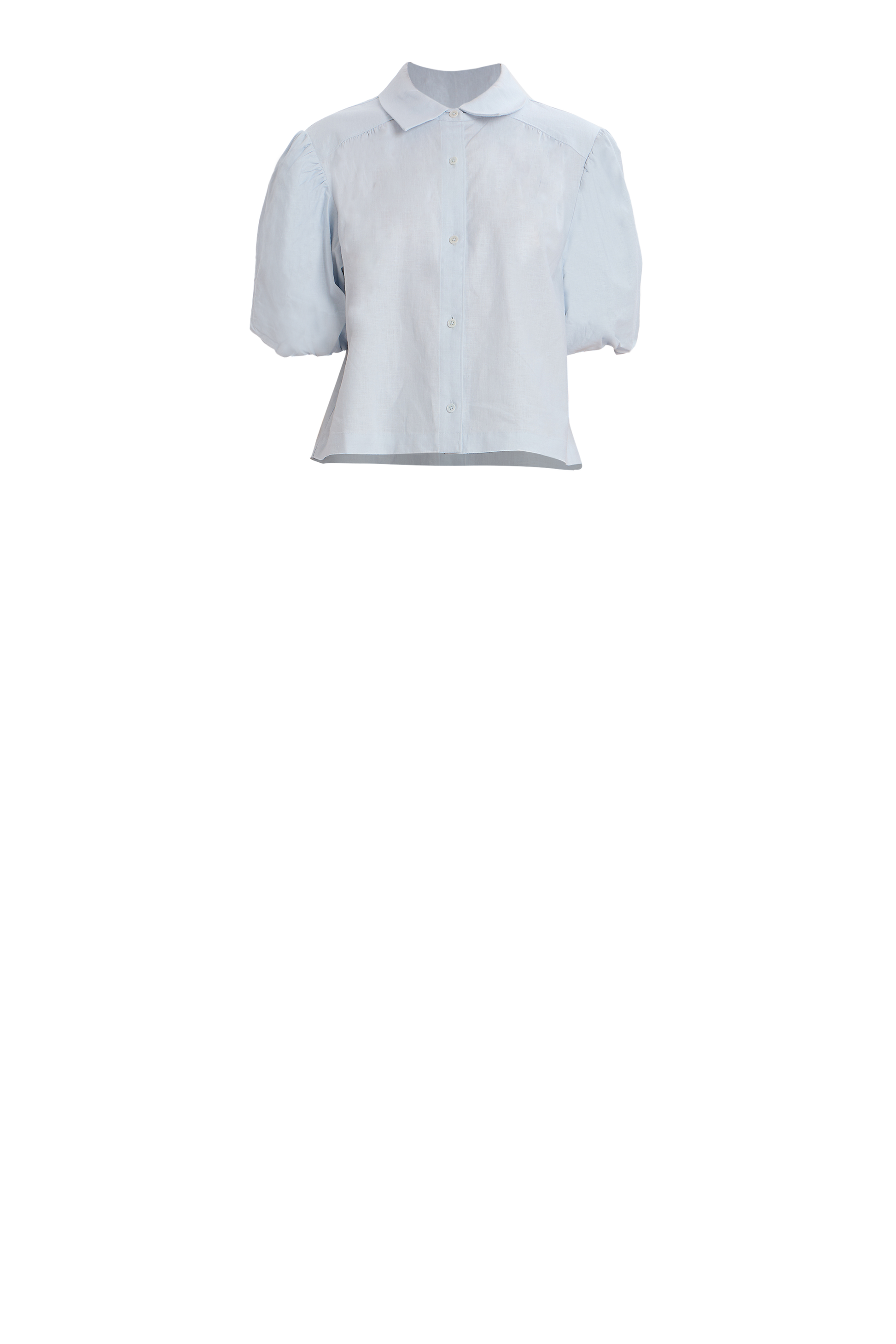 White puff-sleeve button-up blouse with tailored collar and whimsical puff sleeves, perfect for a prairie-chic style.