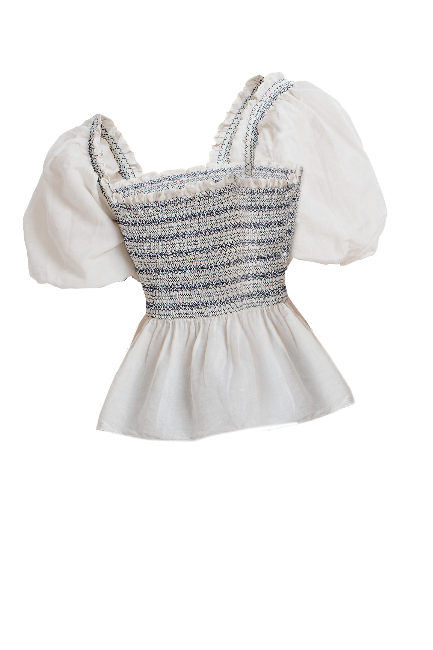 White smocked puff-shoulder peplum top with short sleeves and square neckline.