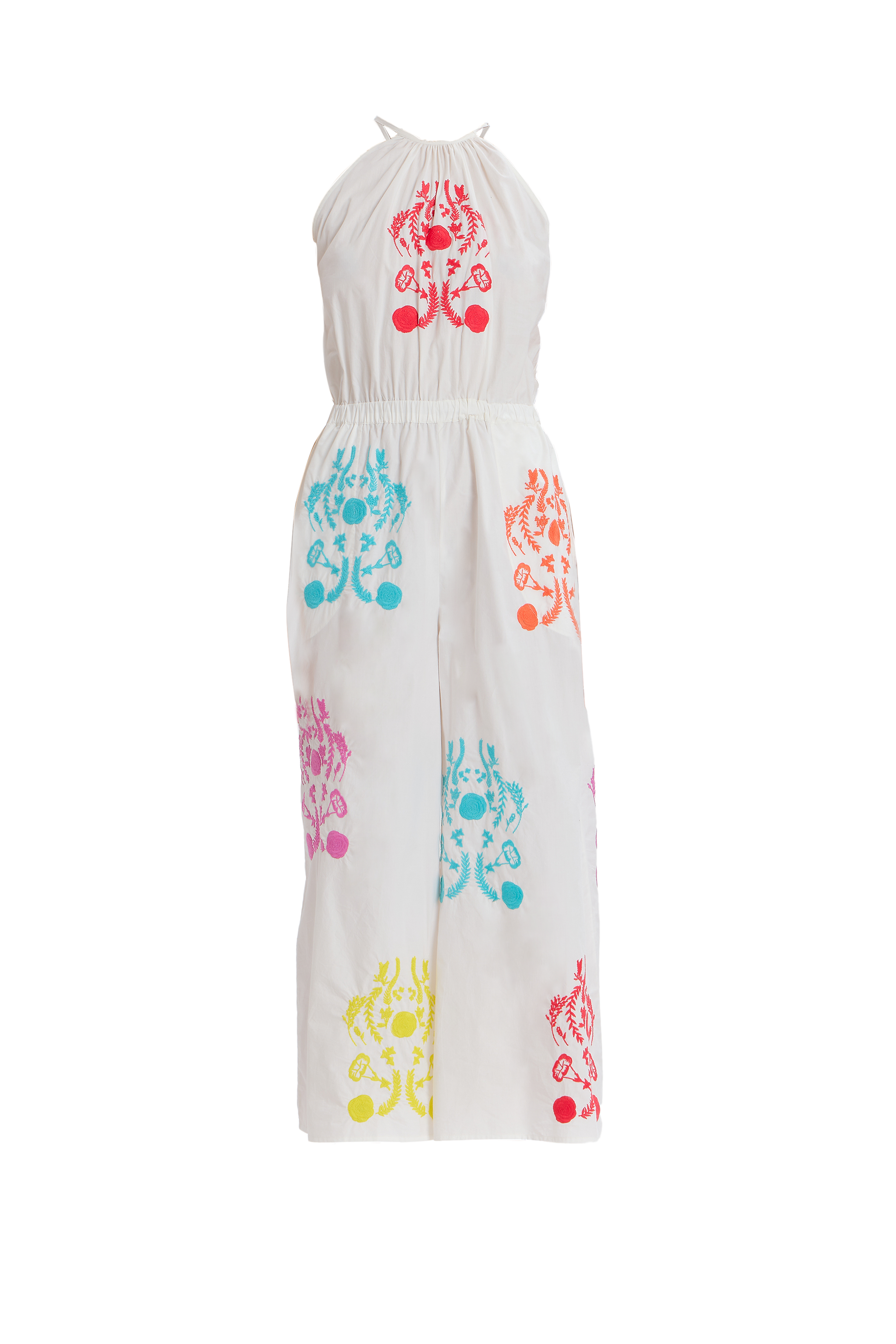 White jumpsuit with rainbow embroidery, high-neck design, and wide-leg silhouette.