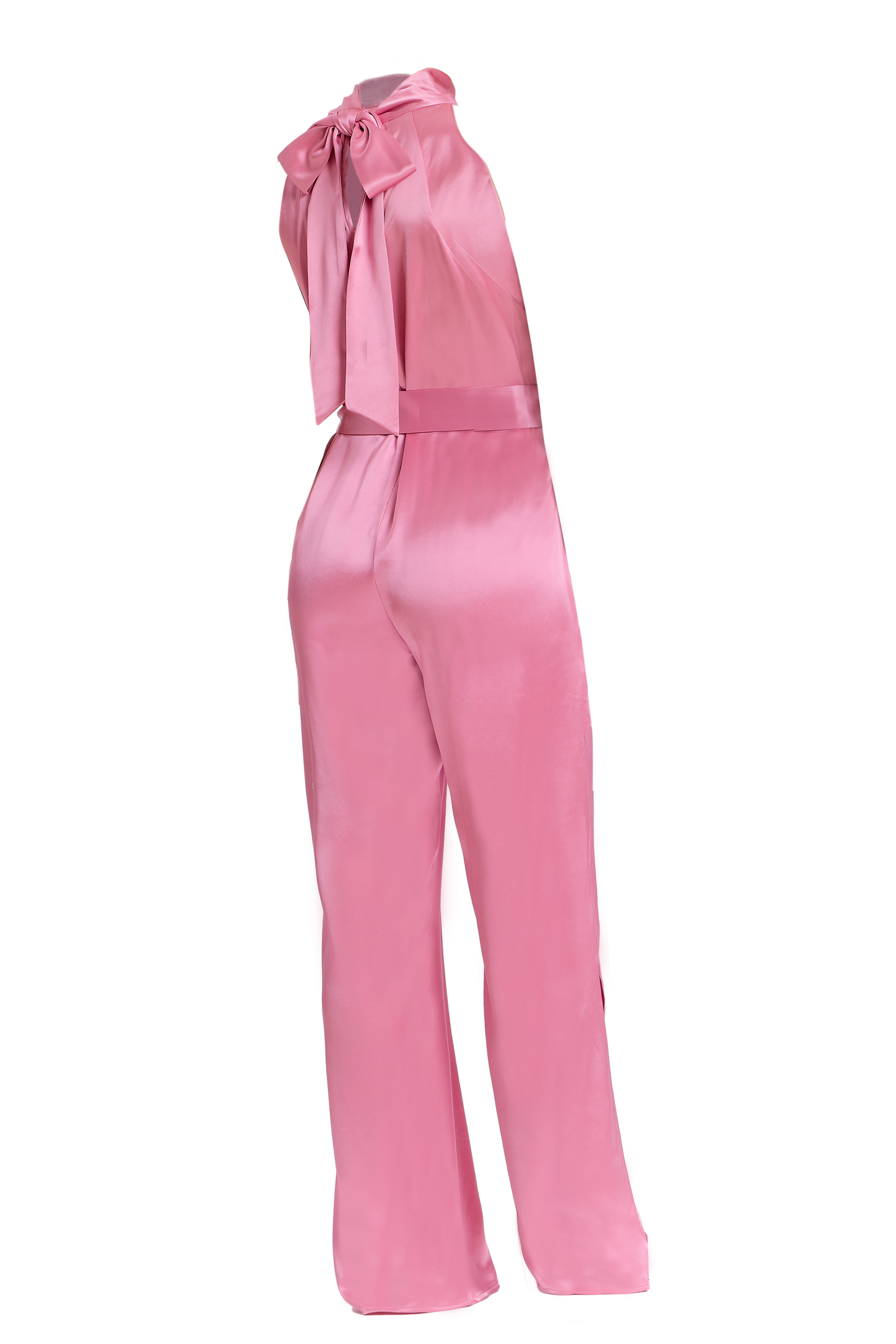 Pink silky halter jumpsuit with a belt, showcasing a luxurious design with a wide-leg style.