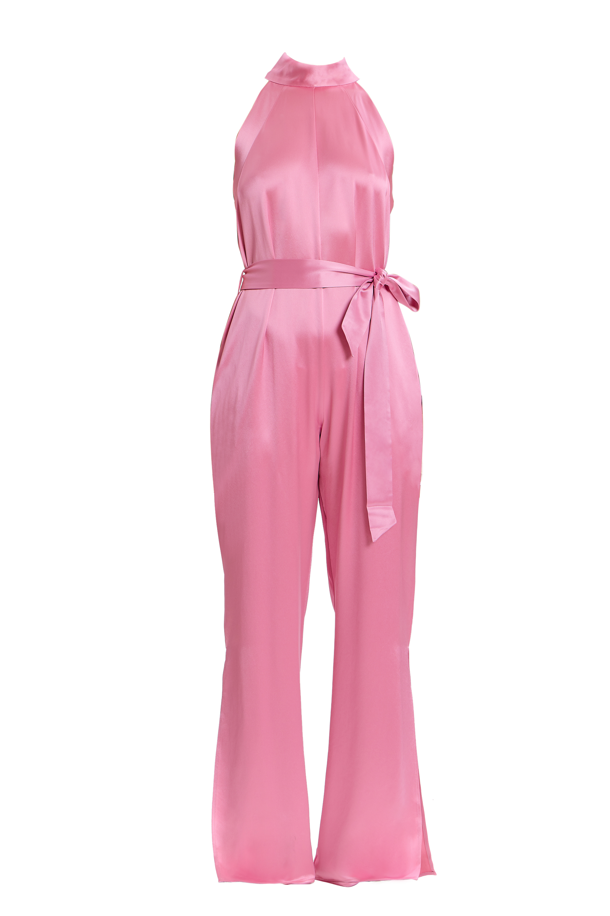 Pink Silky Halter Jumpsuit with Belt, elegant wide-leg design, perfect for special occasions.