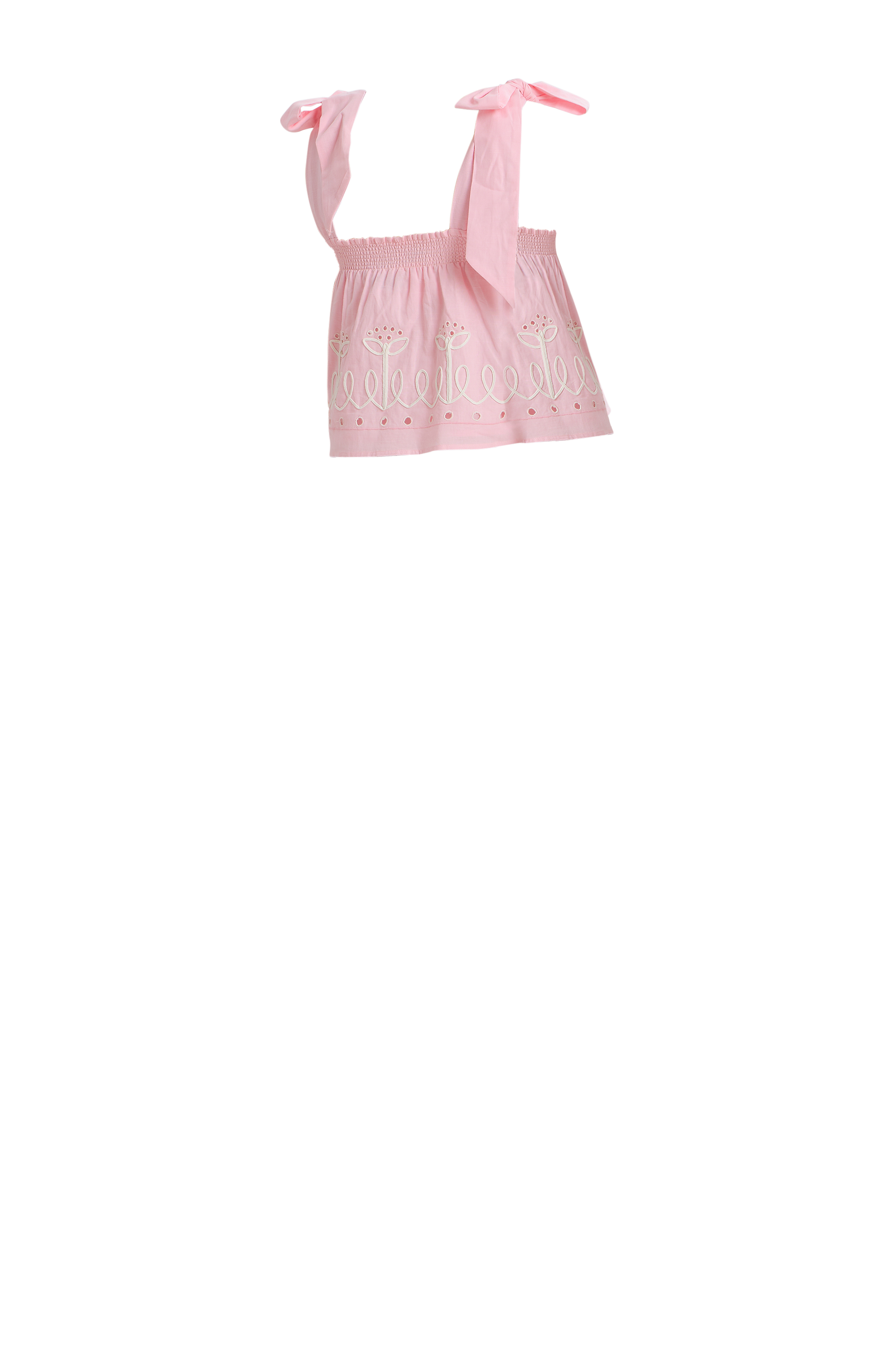 Soft pink embroidered tie-shoulder top with floral details and bow accents.